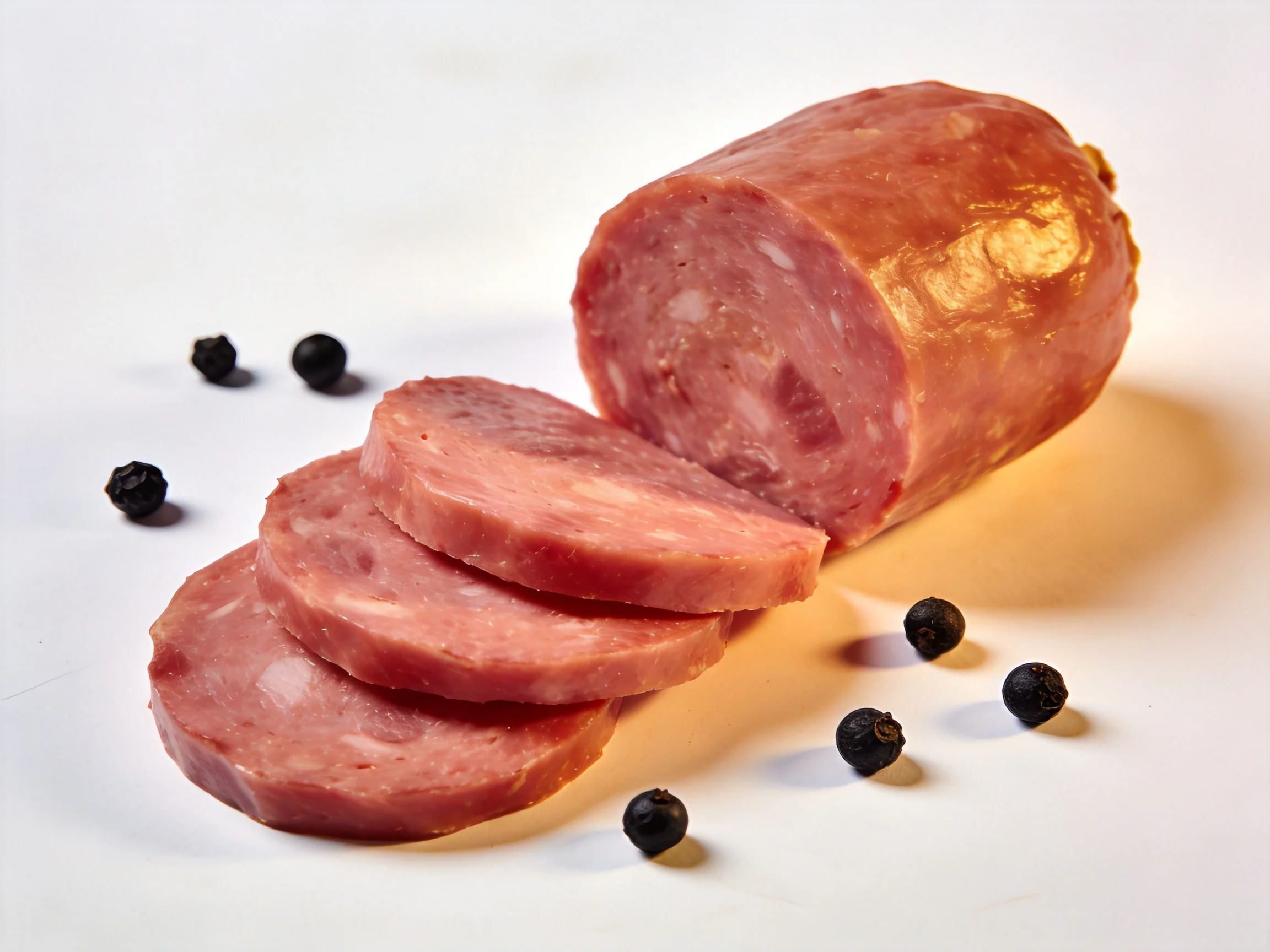 Sliced reddish-pink sausage accompanied by scattered black peppercorns.