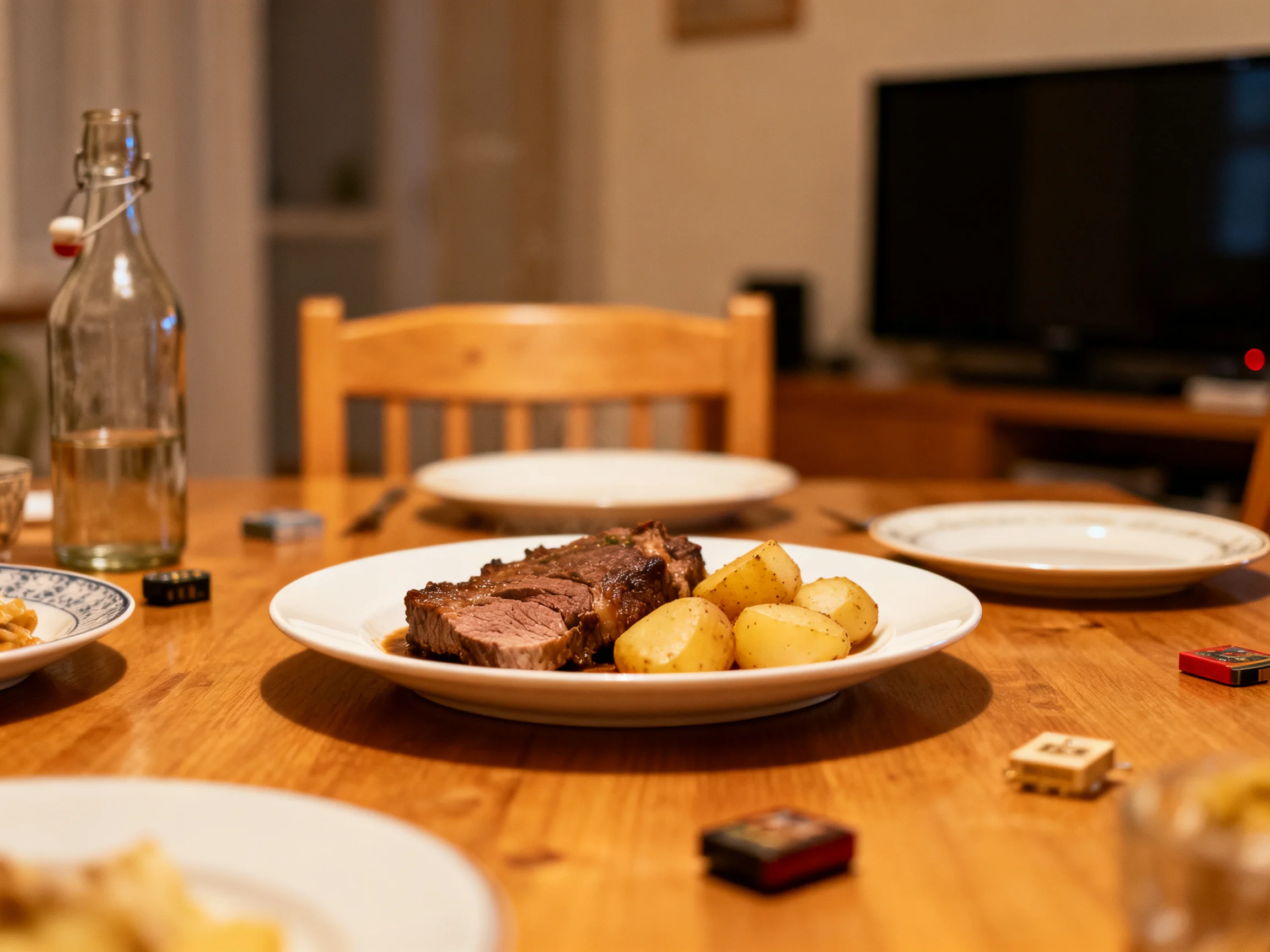 Sliced roast beef and boiled potatoes on a wooden dining table