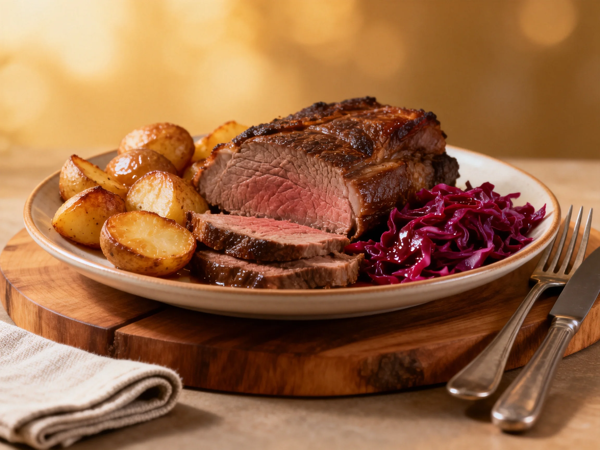 Sliced roast beef with golden potatoes and red cabbage on a plate