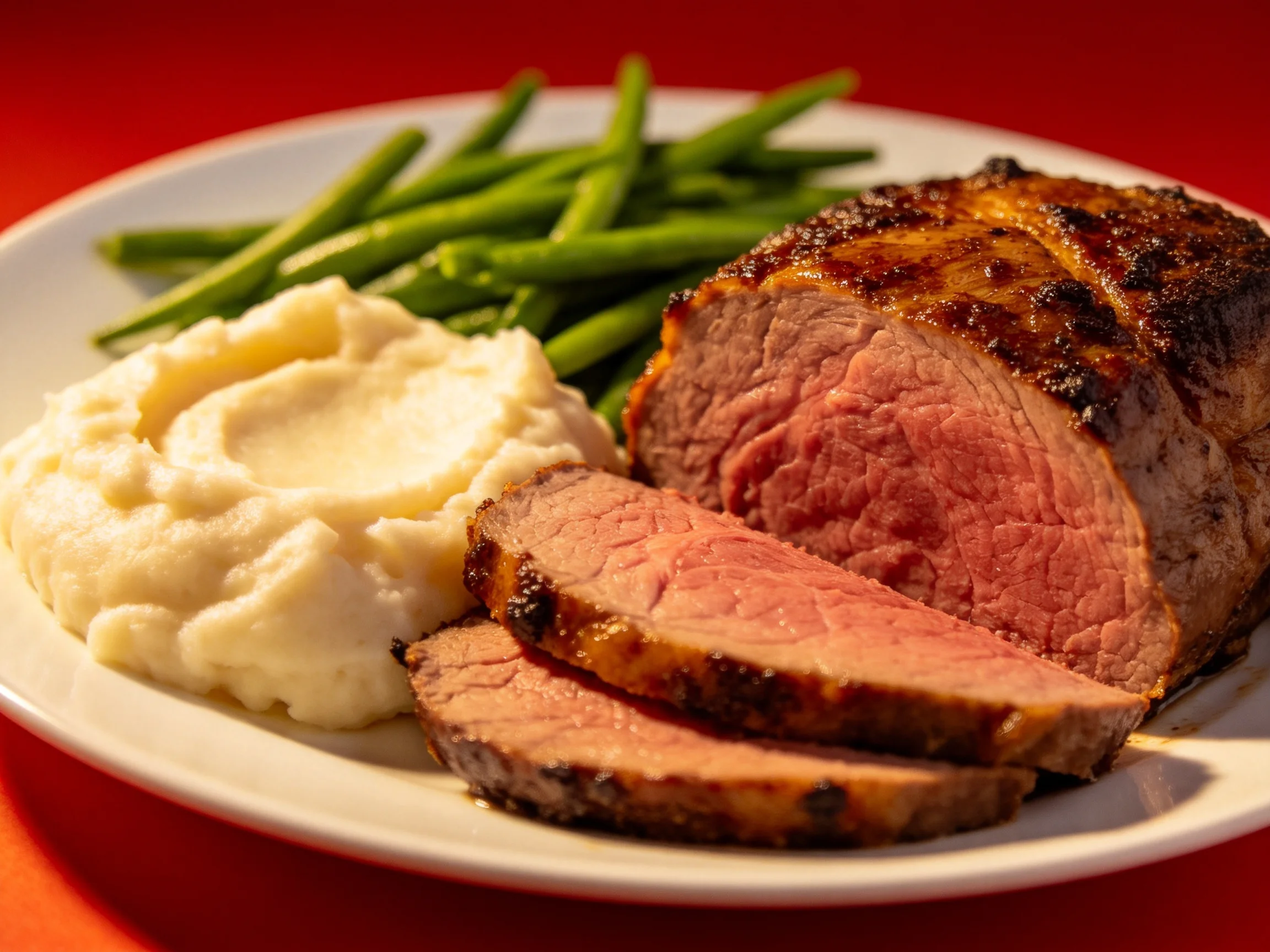 Sliced roasted beef, mashed potatoes, and green beans on a white plate