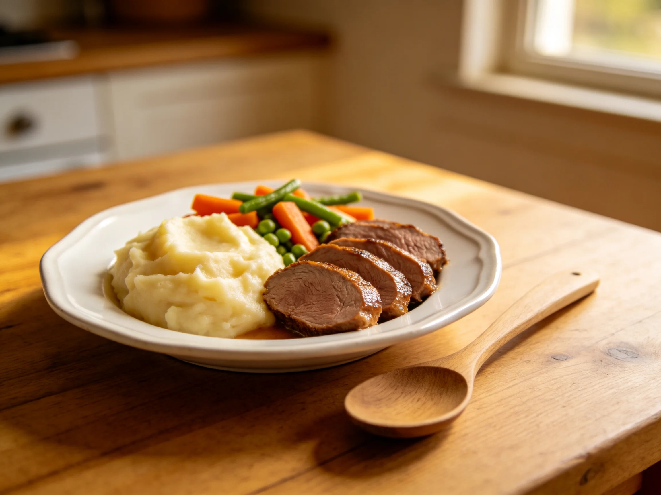 Sliced roasted beef, mashed potatoes, and mixed vegetables served on a wooden table