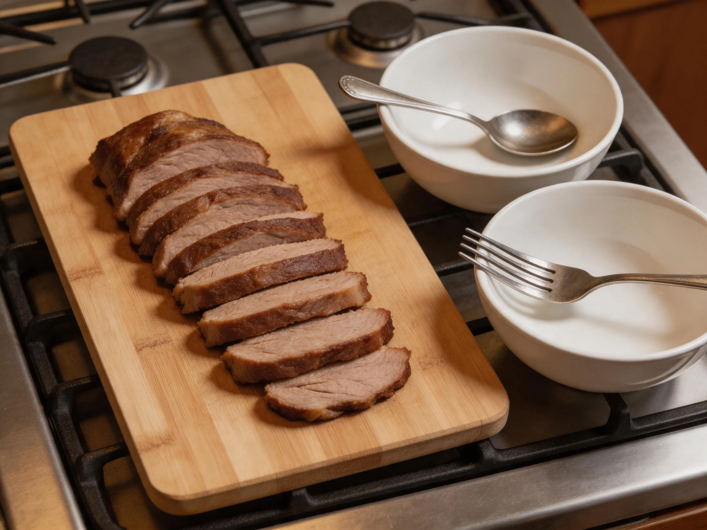 Sliced roasted beef on a bamboo cutting board near white bowls