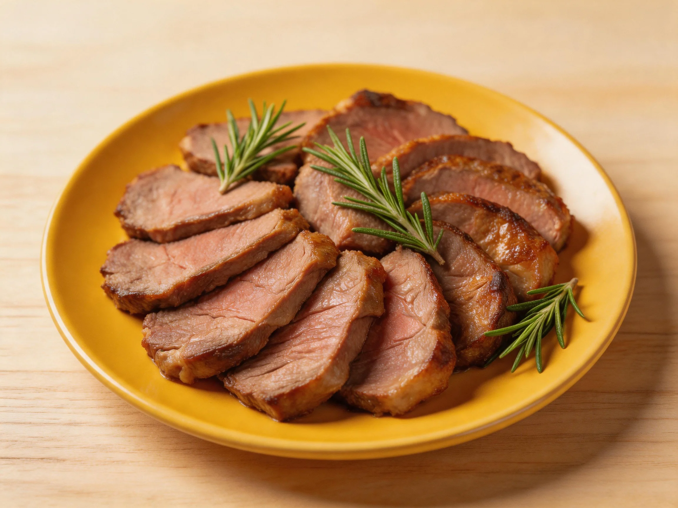 Sliced roasted beef on a vibrant yellow plate with fresh rosemary garnish.