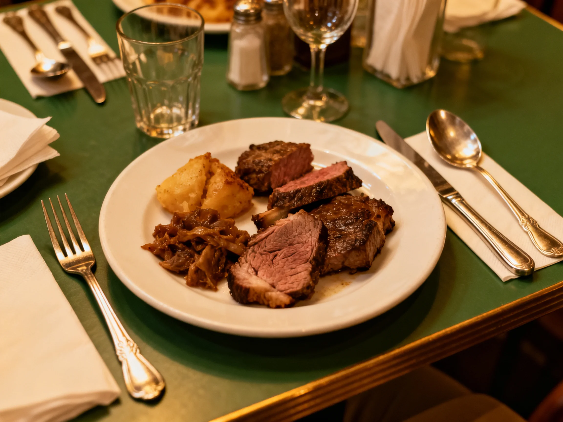Sliced roasted beef, potatoes, and mushrooms served on a green table