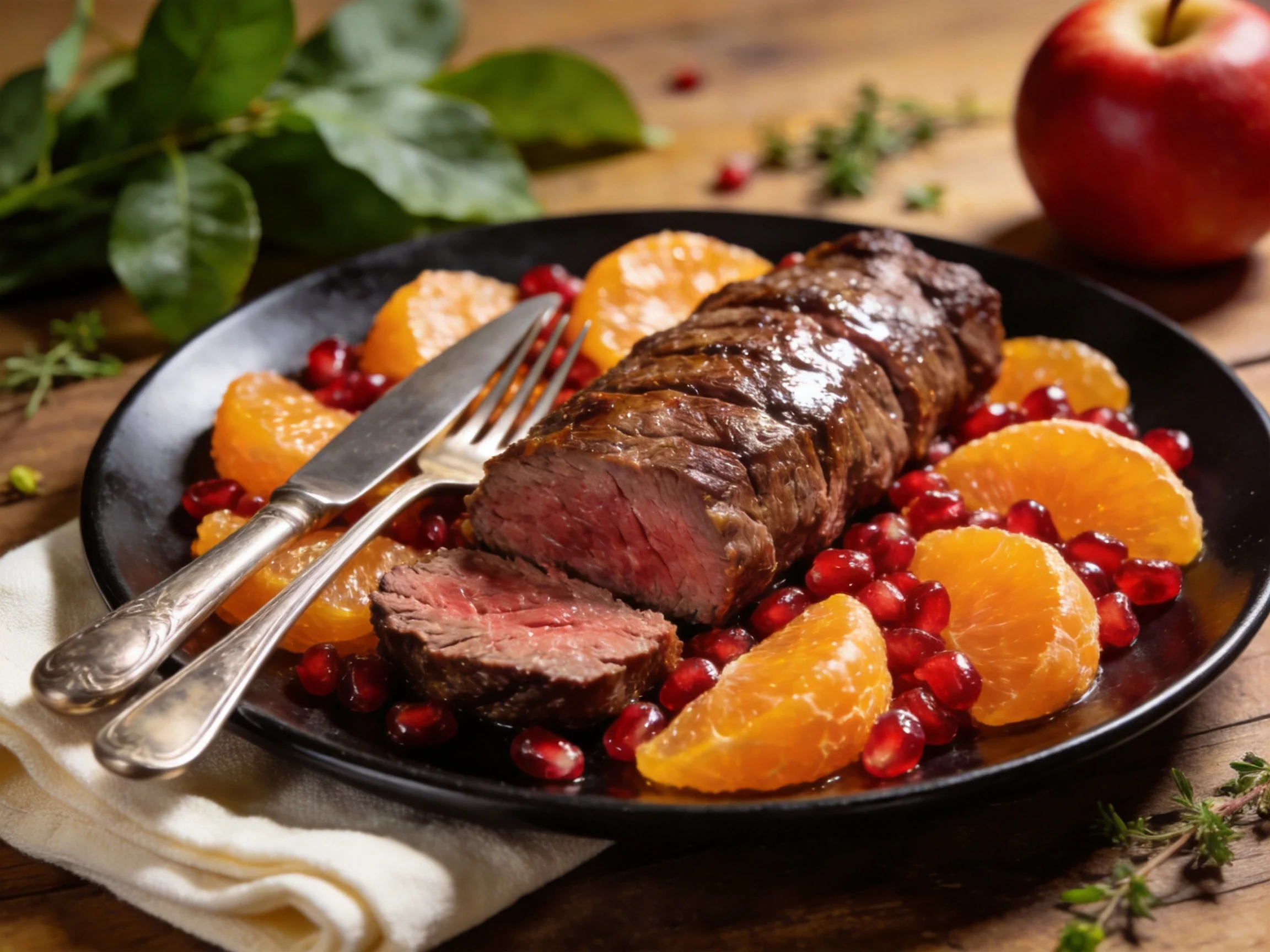 Sliced roasted beef with citrus and pomegranates on a black plate