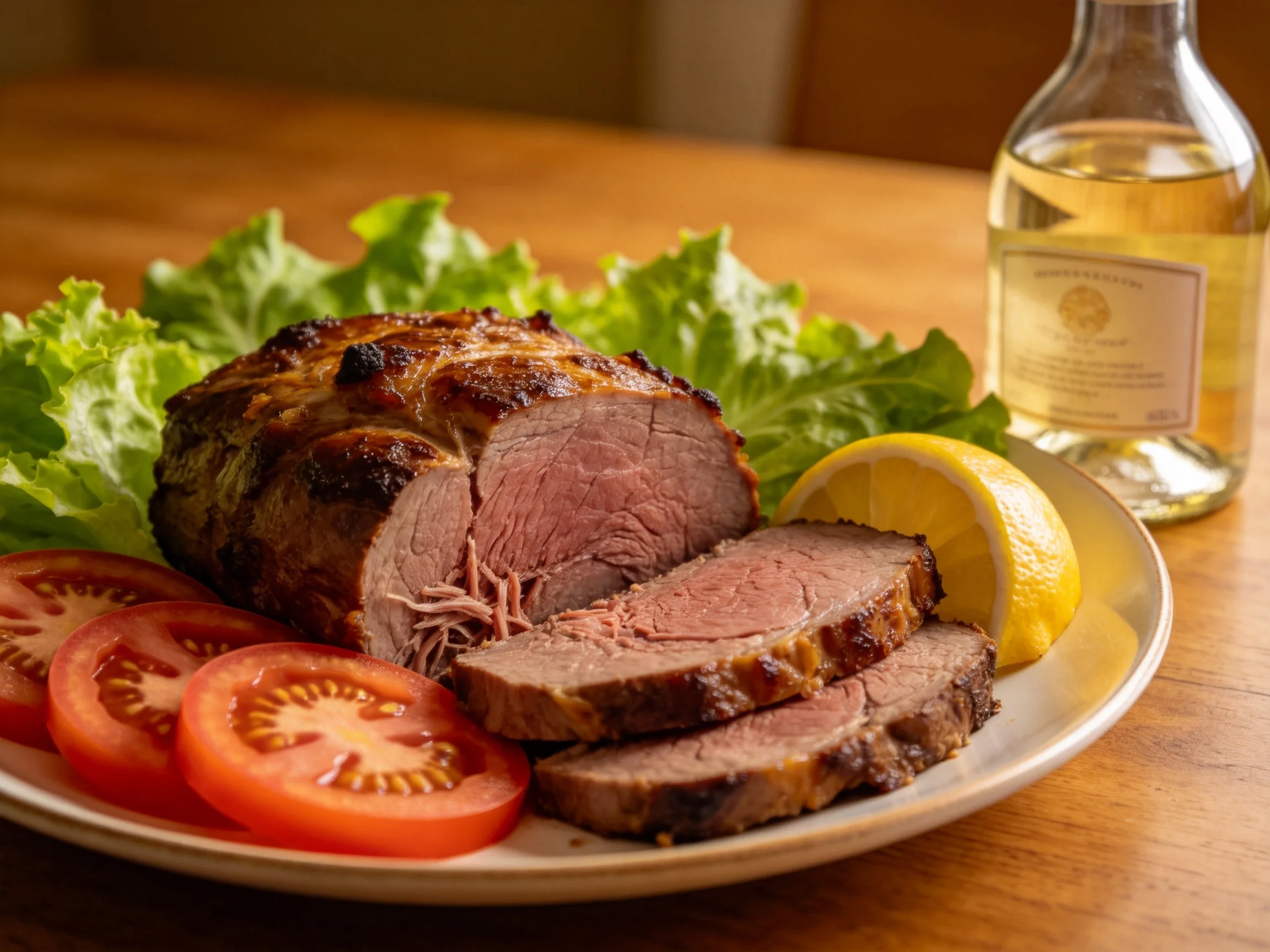 Sliced roasted beef with tomatoes, lettuce, lemon, and white wine
