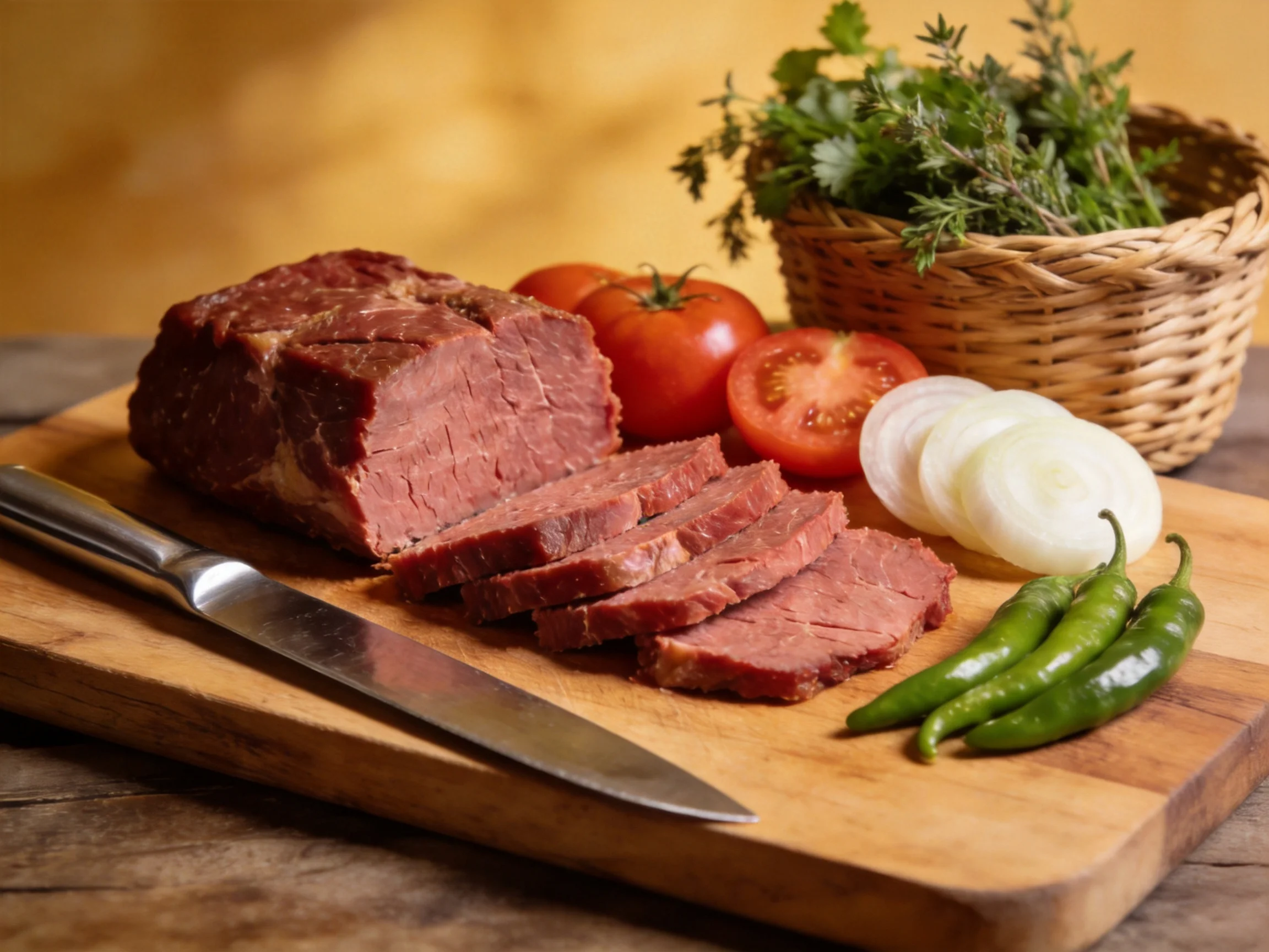 Sliced roasted beef with tomatoes, onions, and green chilies on a wooden cutting board