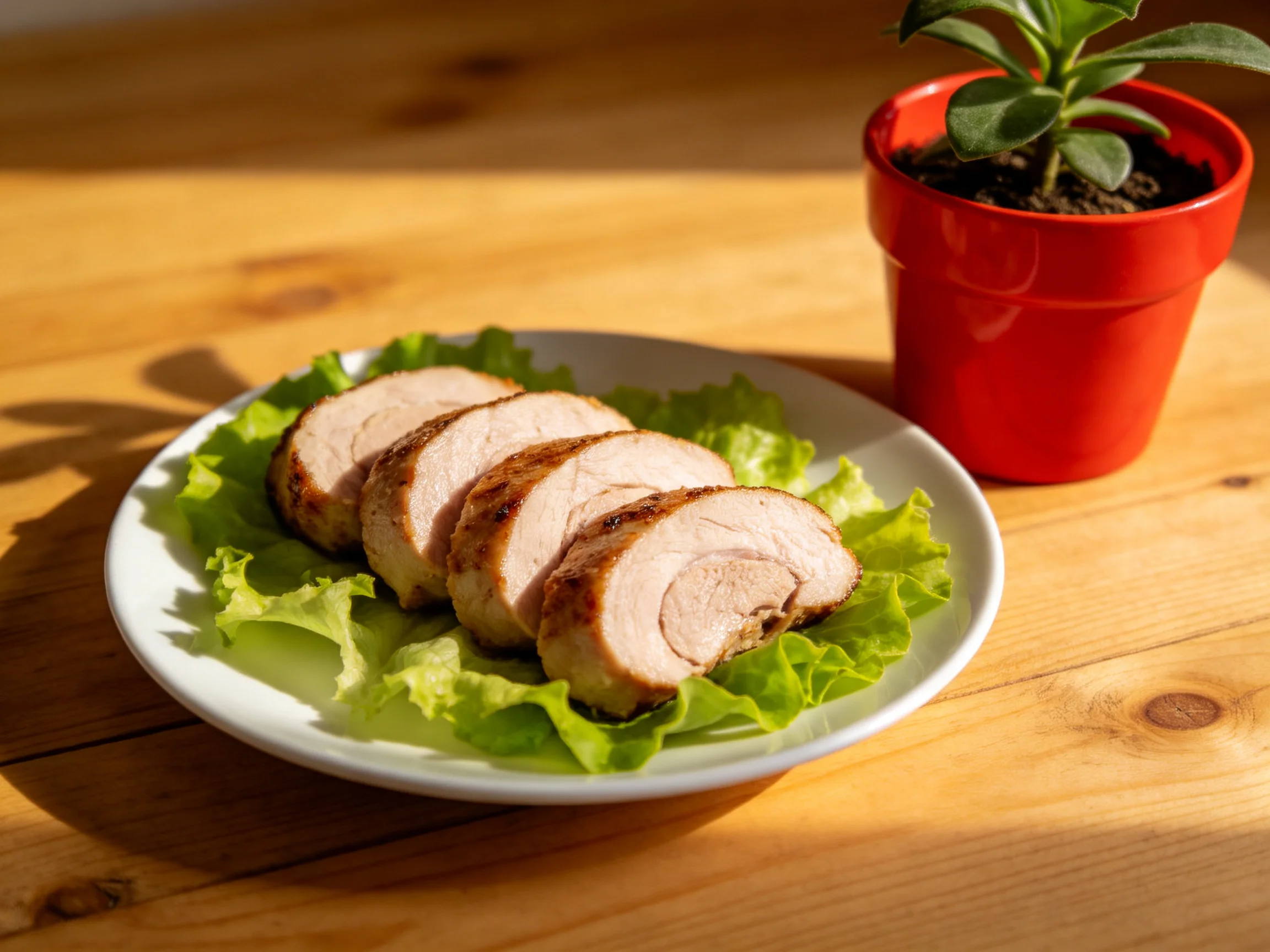 Sliced roasted chicken on lettuce with a bright red potted succulent