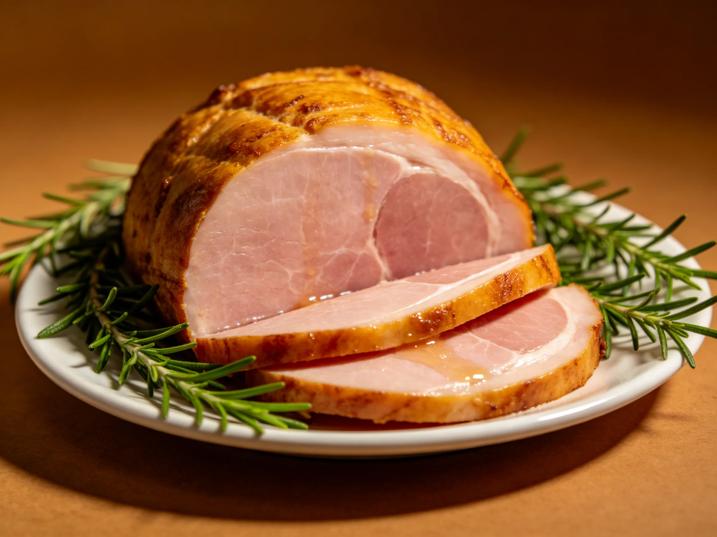 Sliced roasted ham garnished with fresh rosemary on a white plate