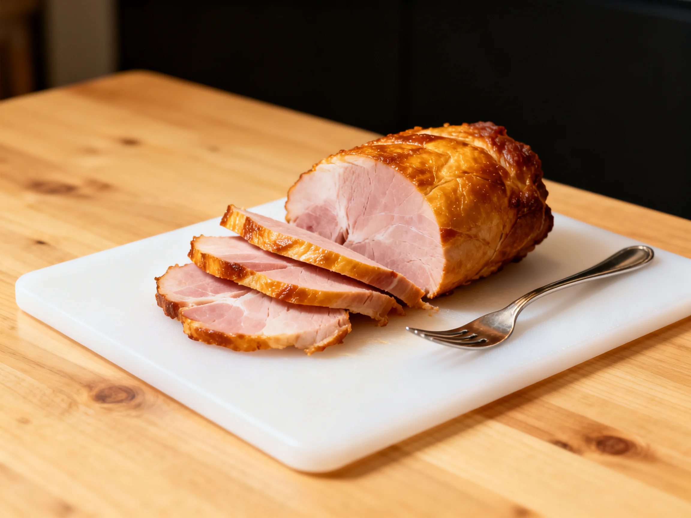 Sliced roasted ham on a white cutting board with a fork