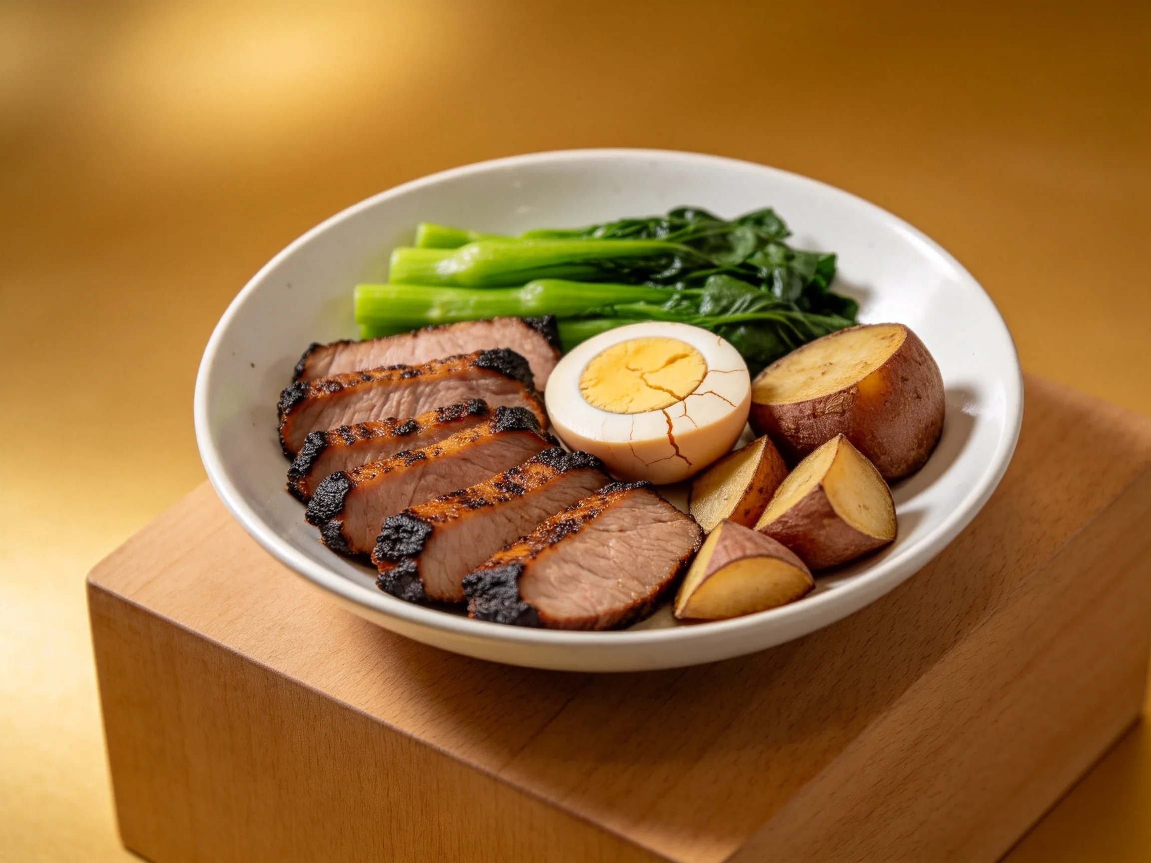 Sliced roasted meat, hard-boiled egg, leafy greens, and potato wedges in a white bowl