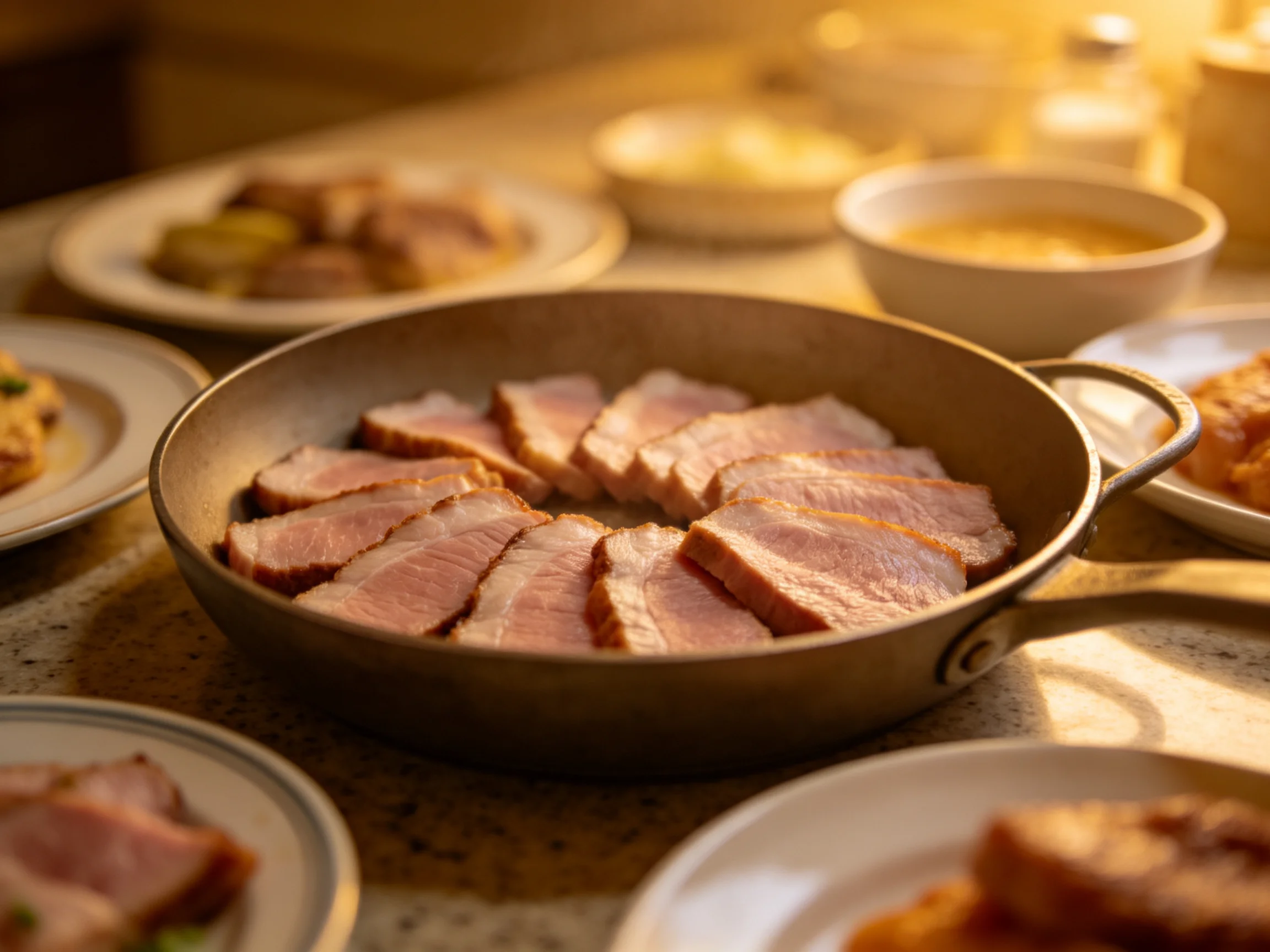 Sliced roasted pork arranged in a skillet with assorted dishes