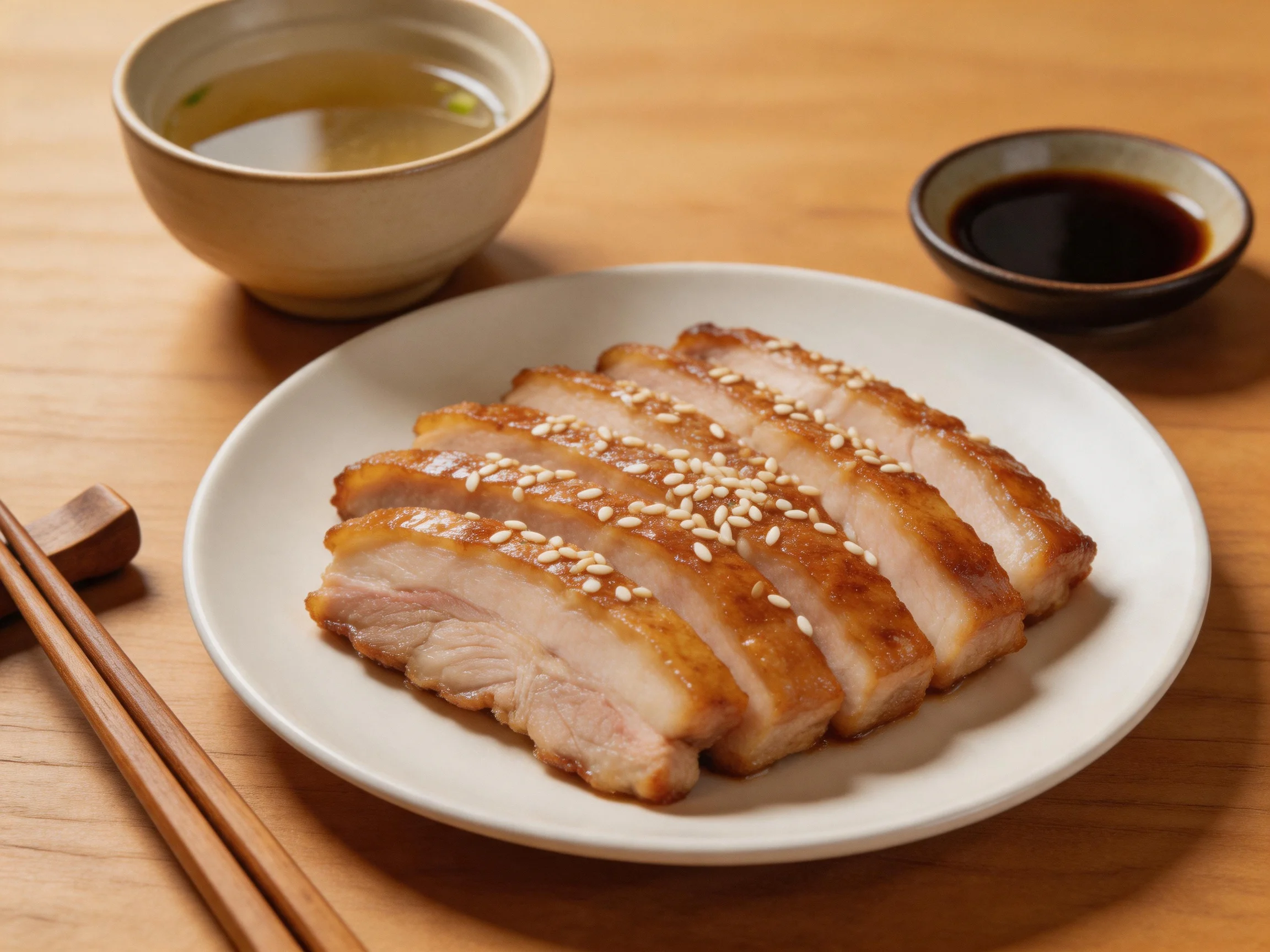 Sliced roasted pork belly with sesame seeds, soup, and soy sauce