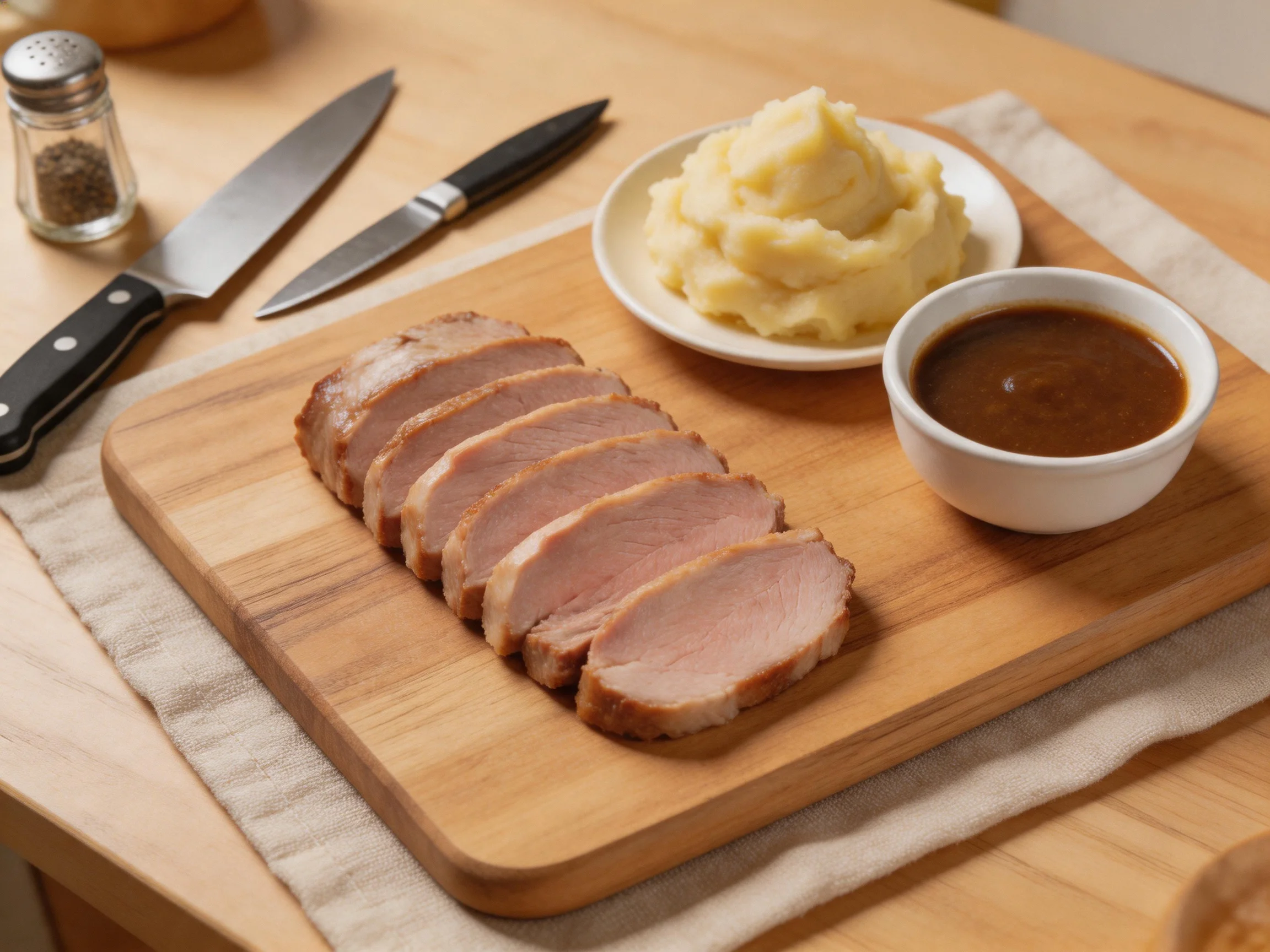 Sliced roasted pork, mashed potatoes, and brown sauce on a wooden cutting board