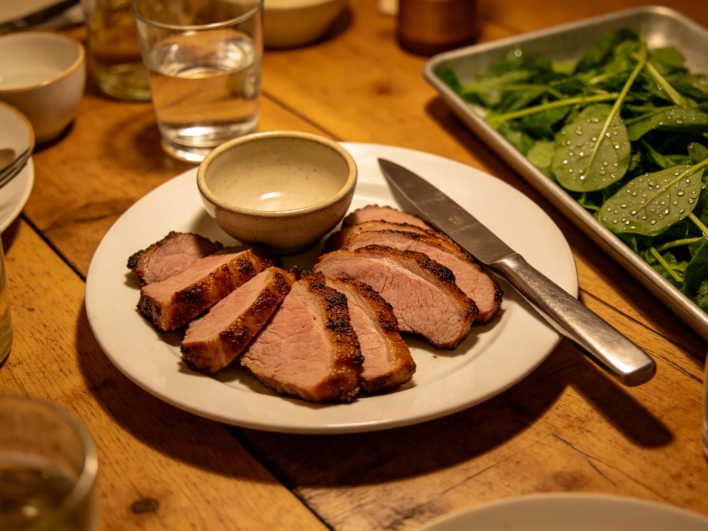 Sliced roasted pork on white plate near fresh greens nearby