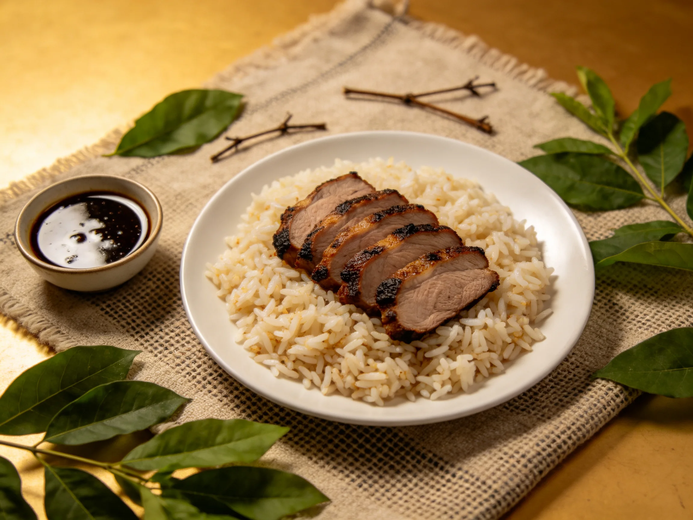 Sliced roasted pork on white rice with dark sauce and green leaves