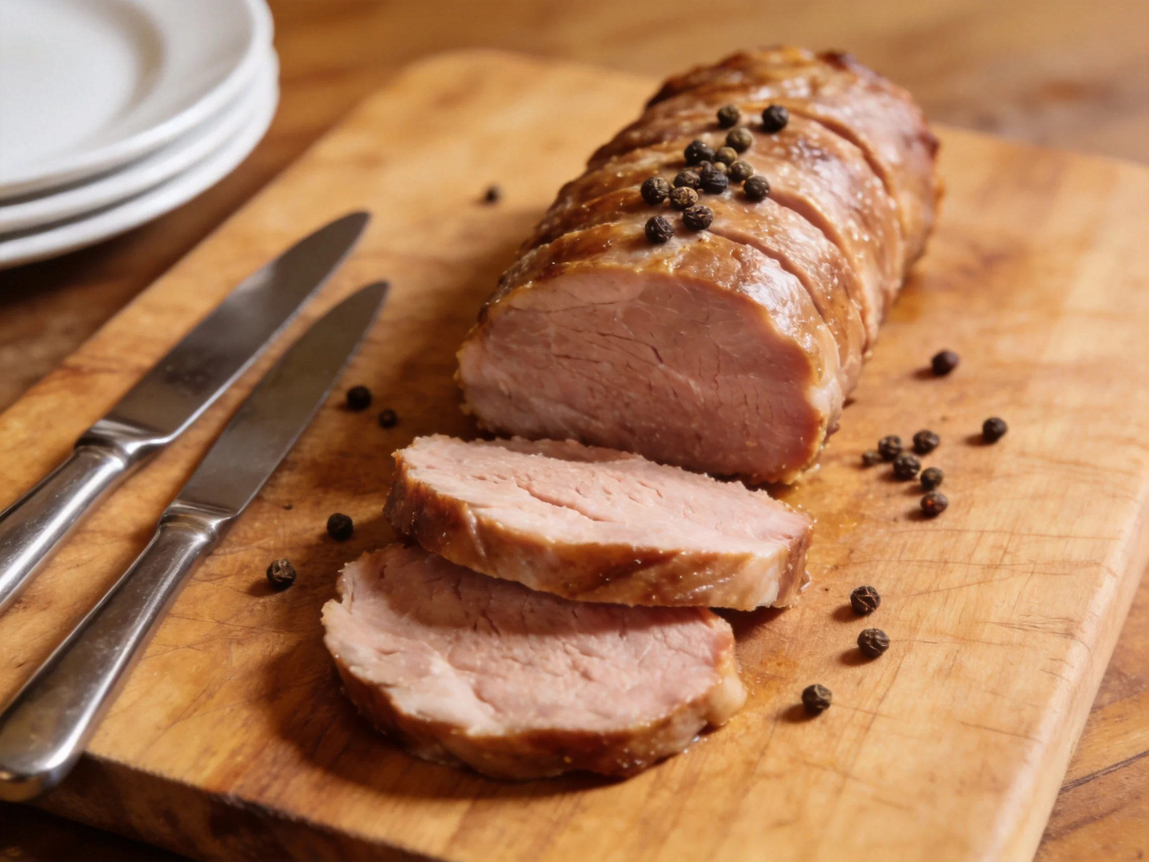 Sliced roasted pork tenderloin on a wooden cutting board with peppercorns