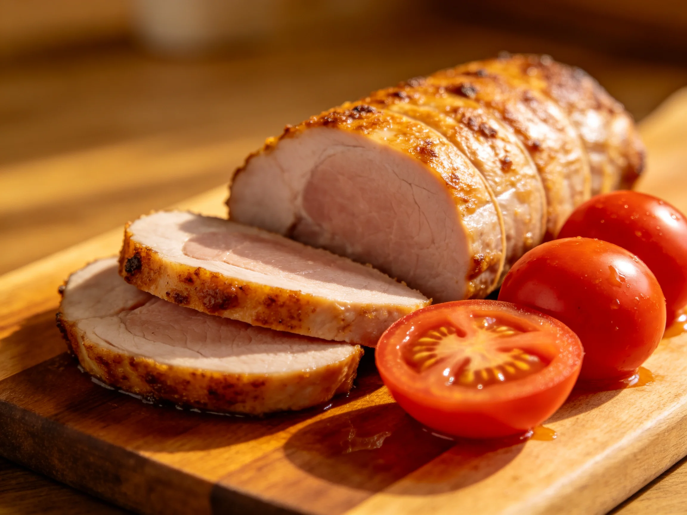 Sliced roasted pork tenderloin with fresh cherry tomatoes on a wooden cutting board
