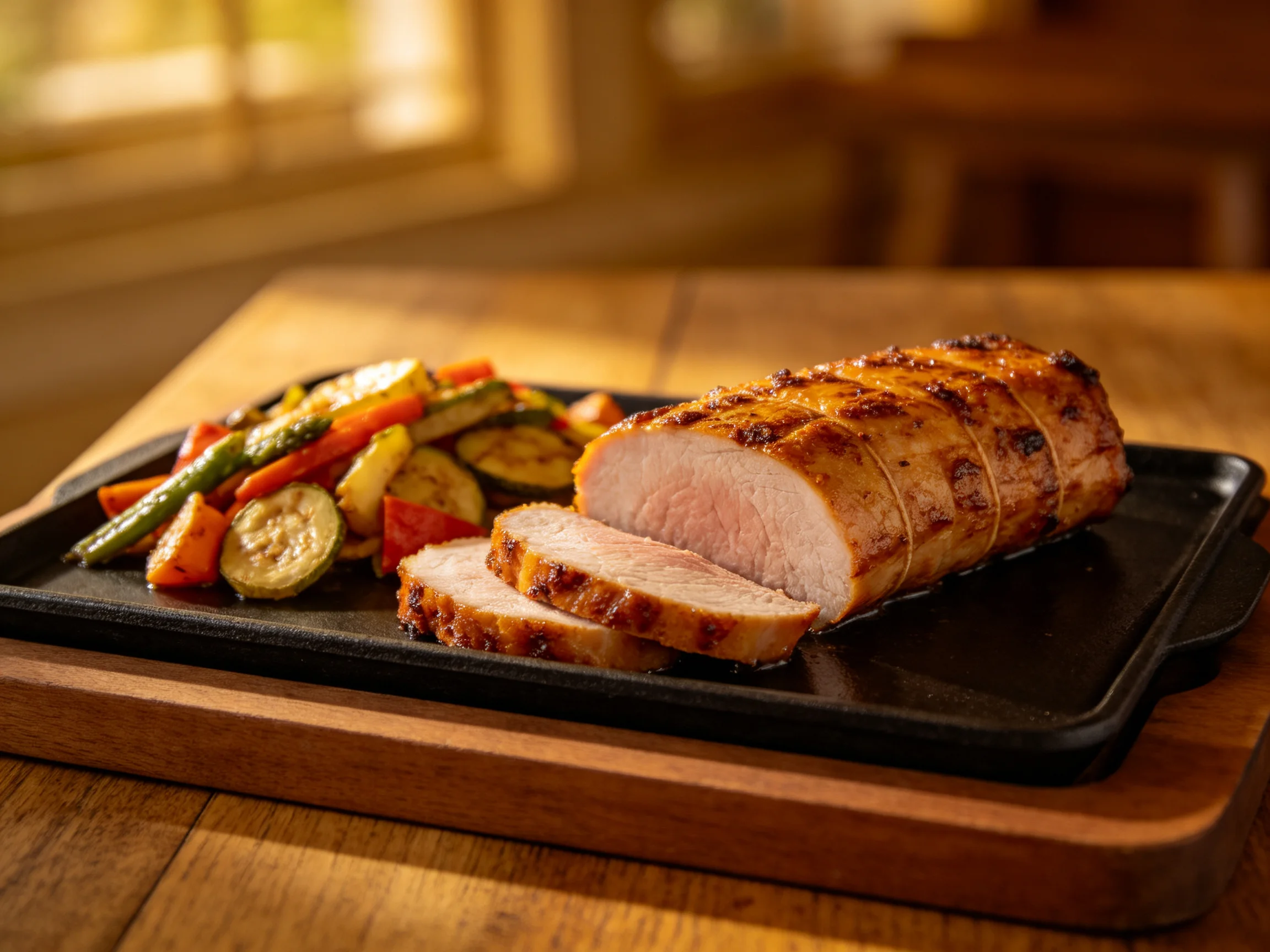 Sliced roasted pork tenderloin with grilled mixed vegetables on a black serving tray