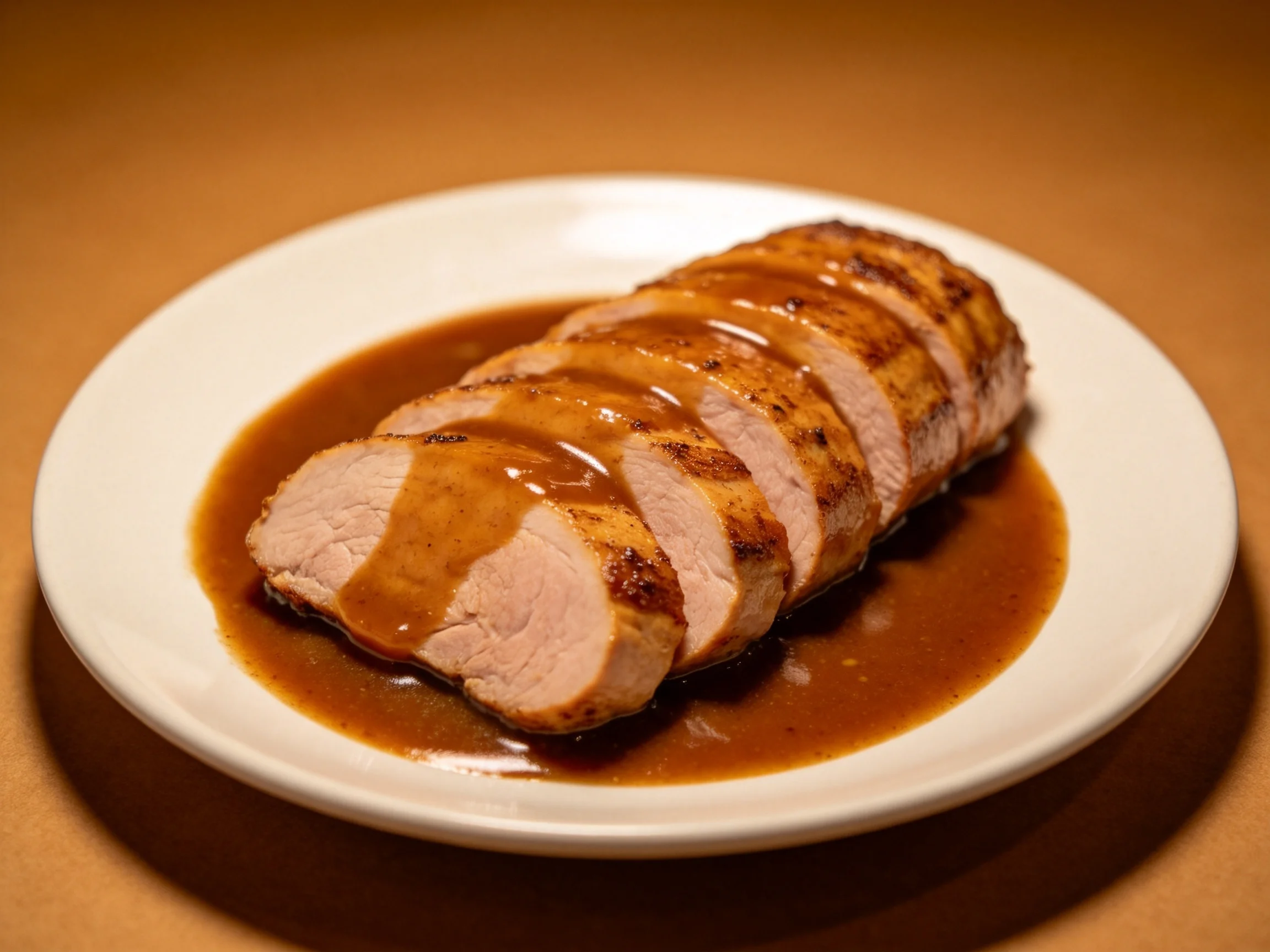 Sliced roasted pork tenderloin with rich brown gravy on white plate