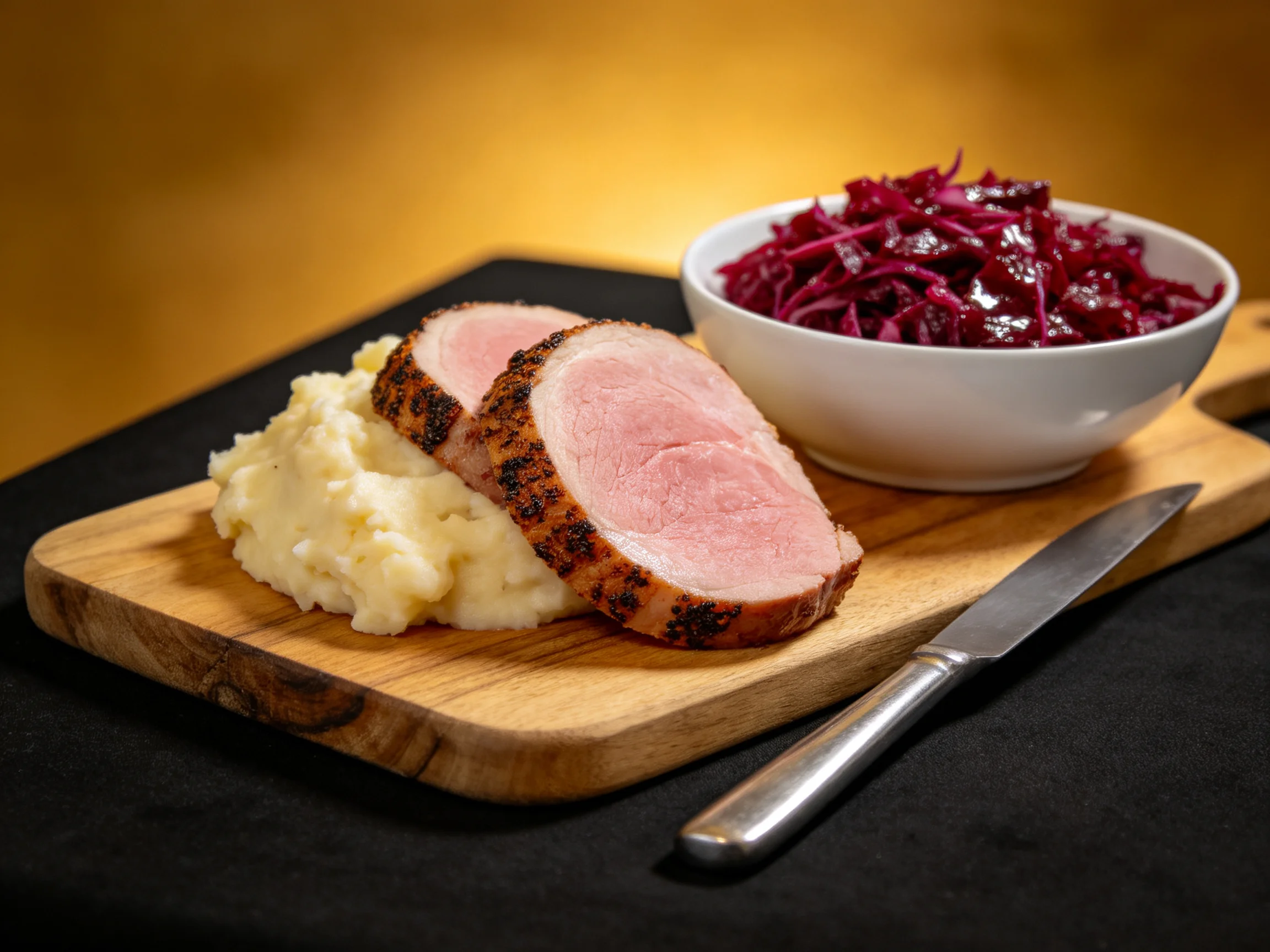 Sliced roasted pork with creamy mashed potatoes and vibrant red cabbage