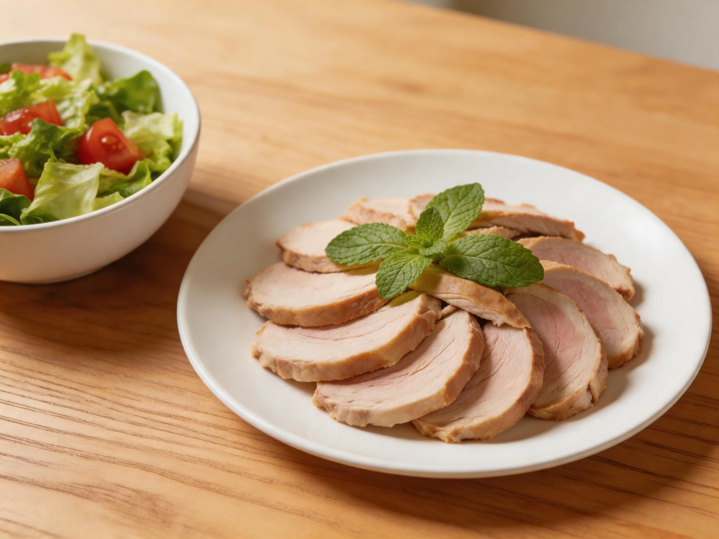 Sliced roasted pork with fresh mint and mixed green salad