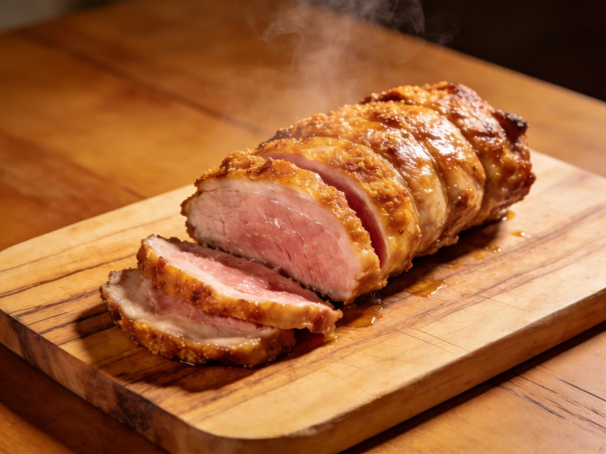 Sliced roasted pork with golden-brown crust on wooden cutting board