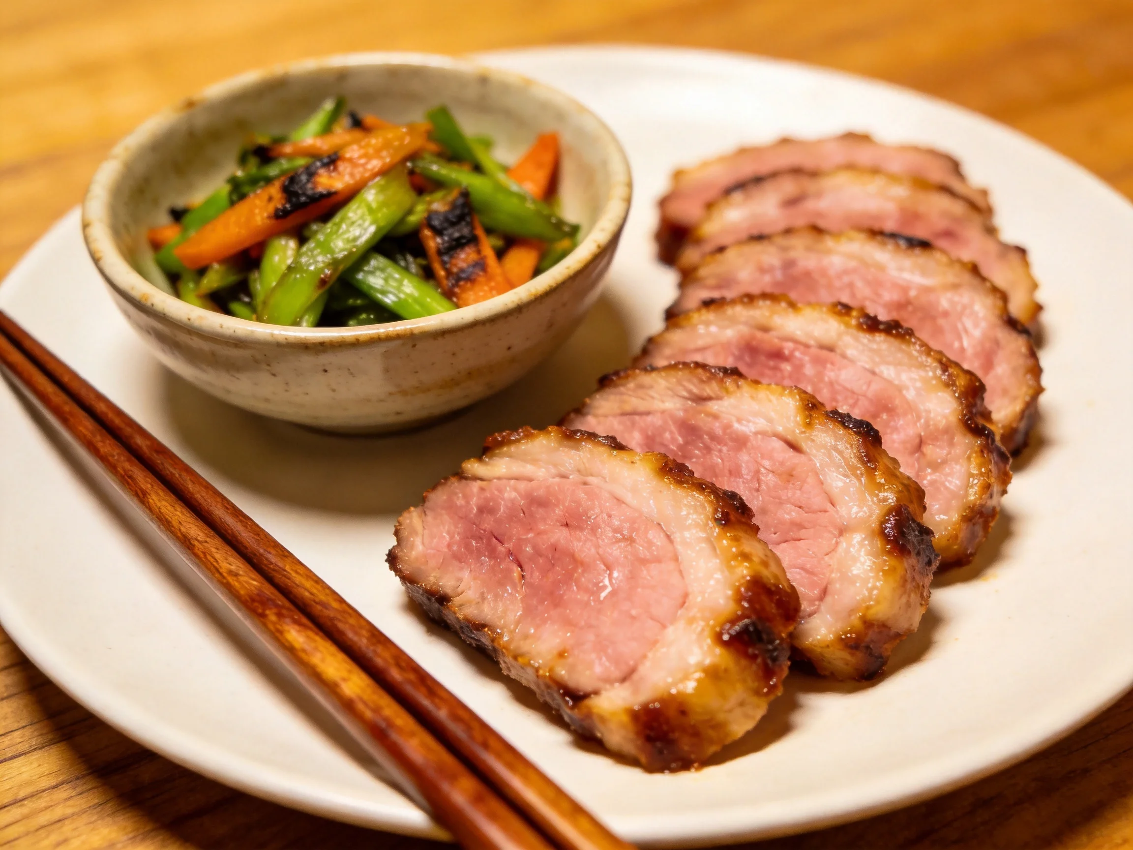 Sliced roasted pork with grilled vegetable medley and wooden chopsticks