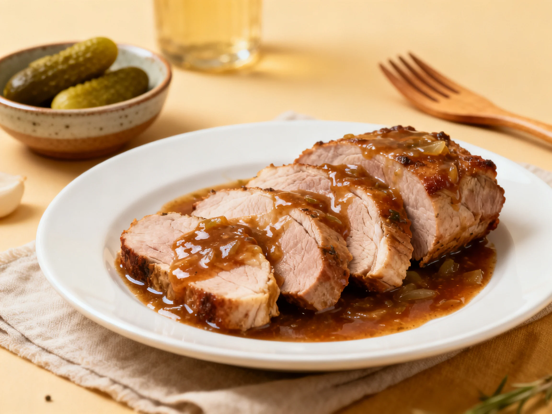 Sliced roasted pork with rich brown gravy on white plate