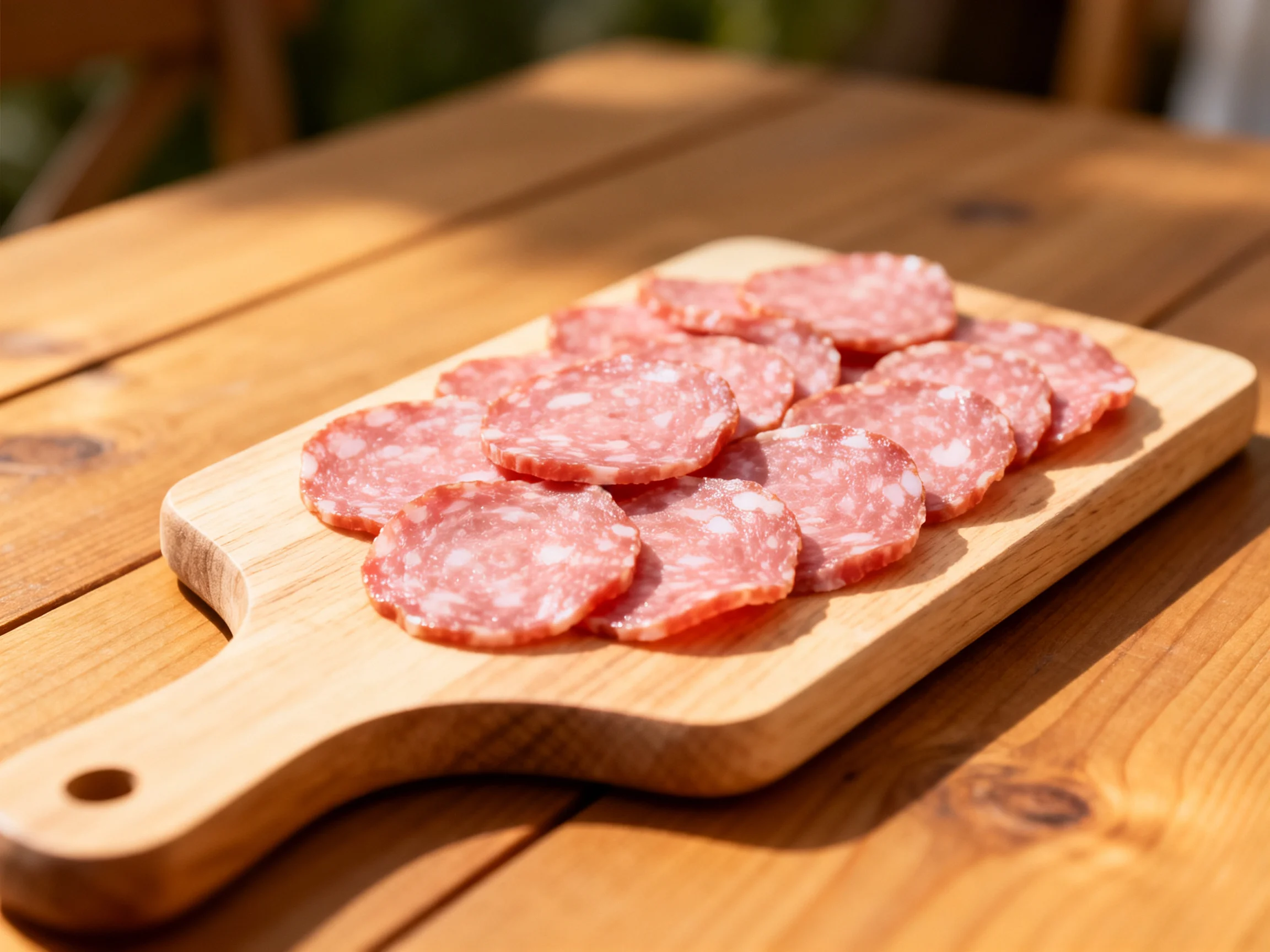 Sliced salami arranged on a wooden cutting board in bright sunlight