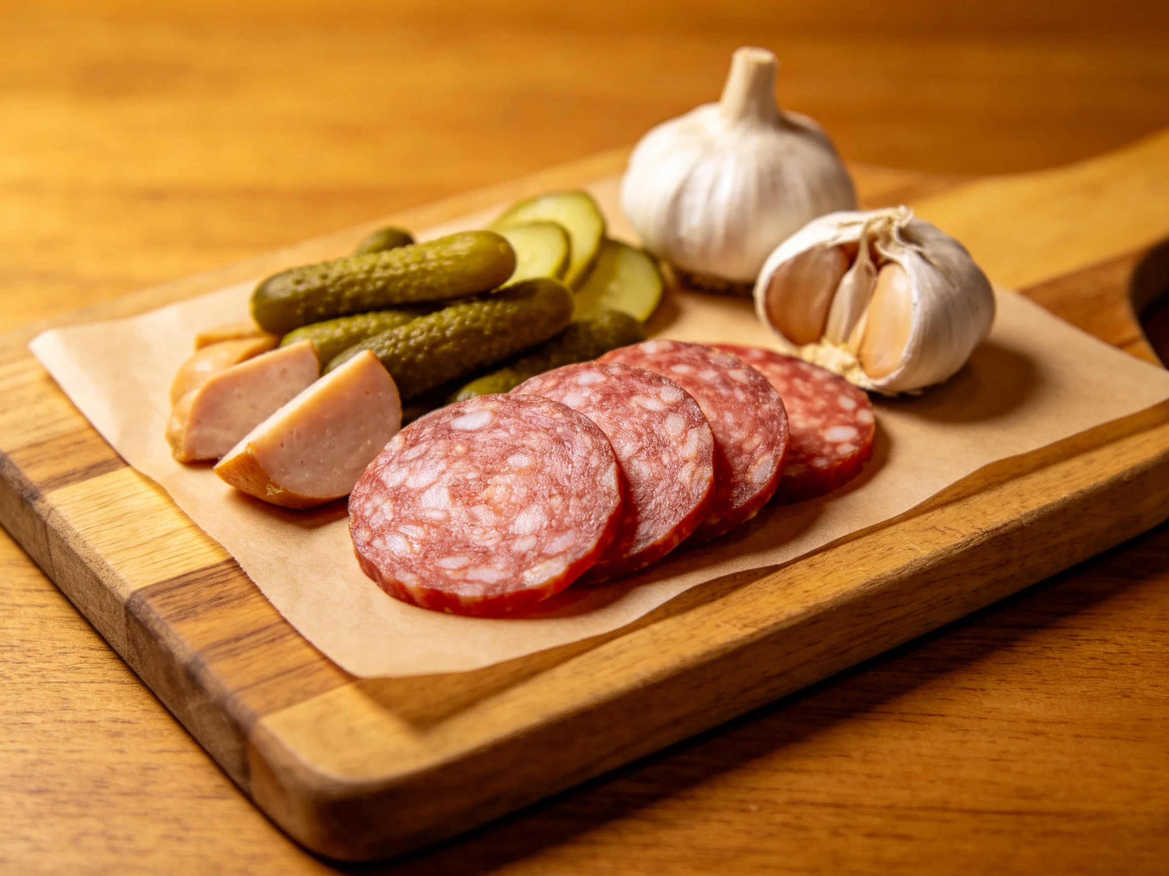 Sliced salami, pickles, garlic, and chicken on a wooden serving board