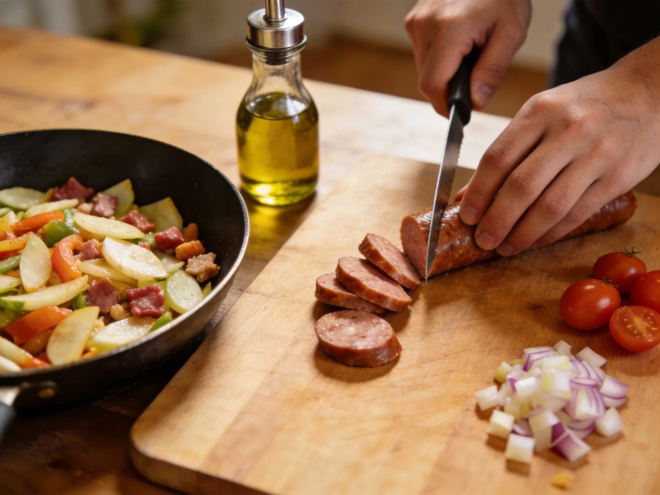 Sliced sausage, mixed vegetables, and fresh ingredients ready for cooking