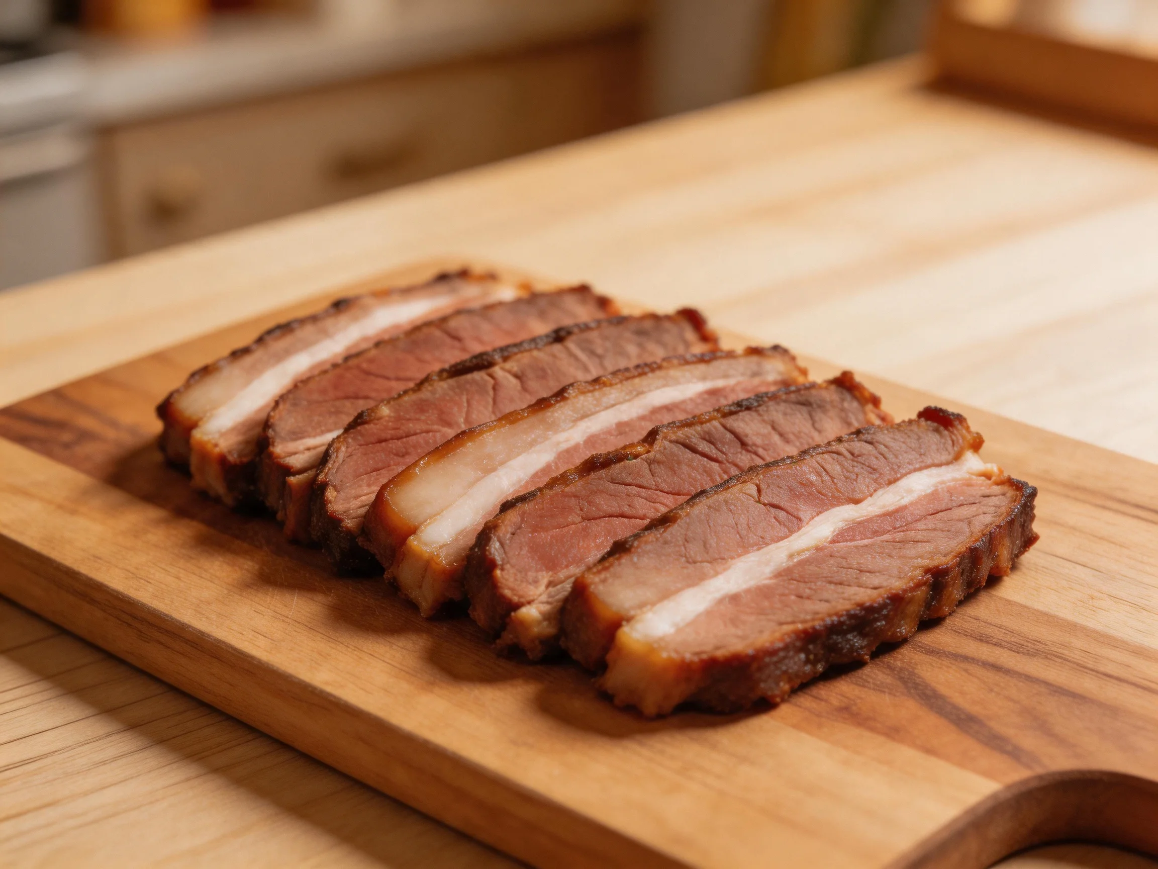 Sliced smoked brisket neatly arranged on a wooden cutting board