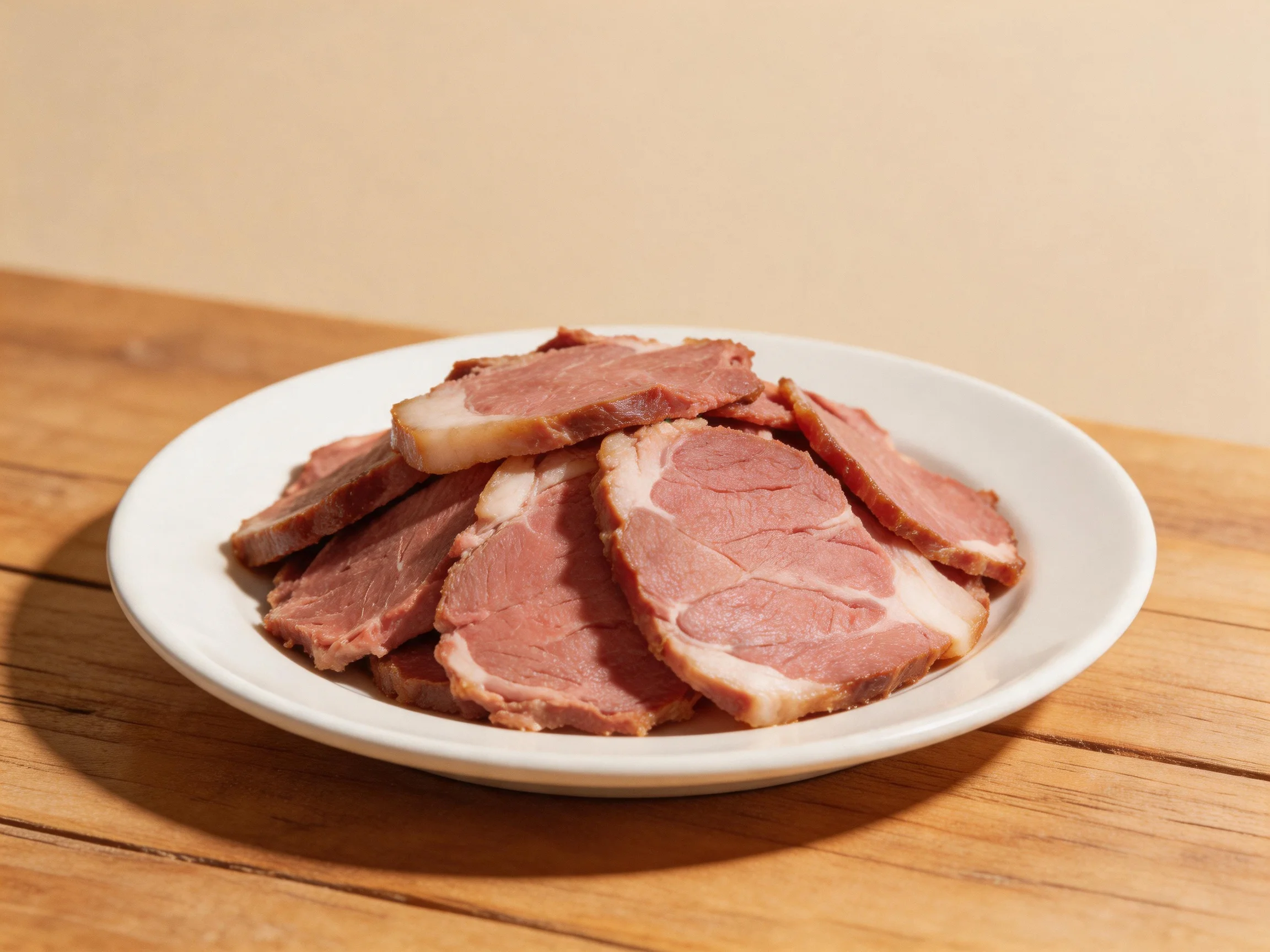 Sliced smoked ham arranged on a white ceramic plate