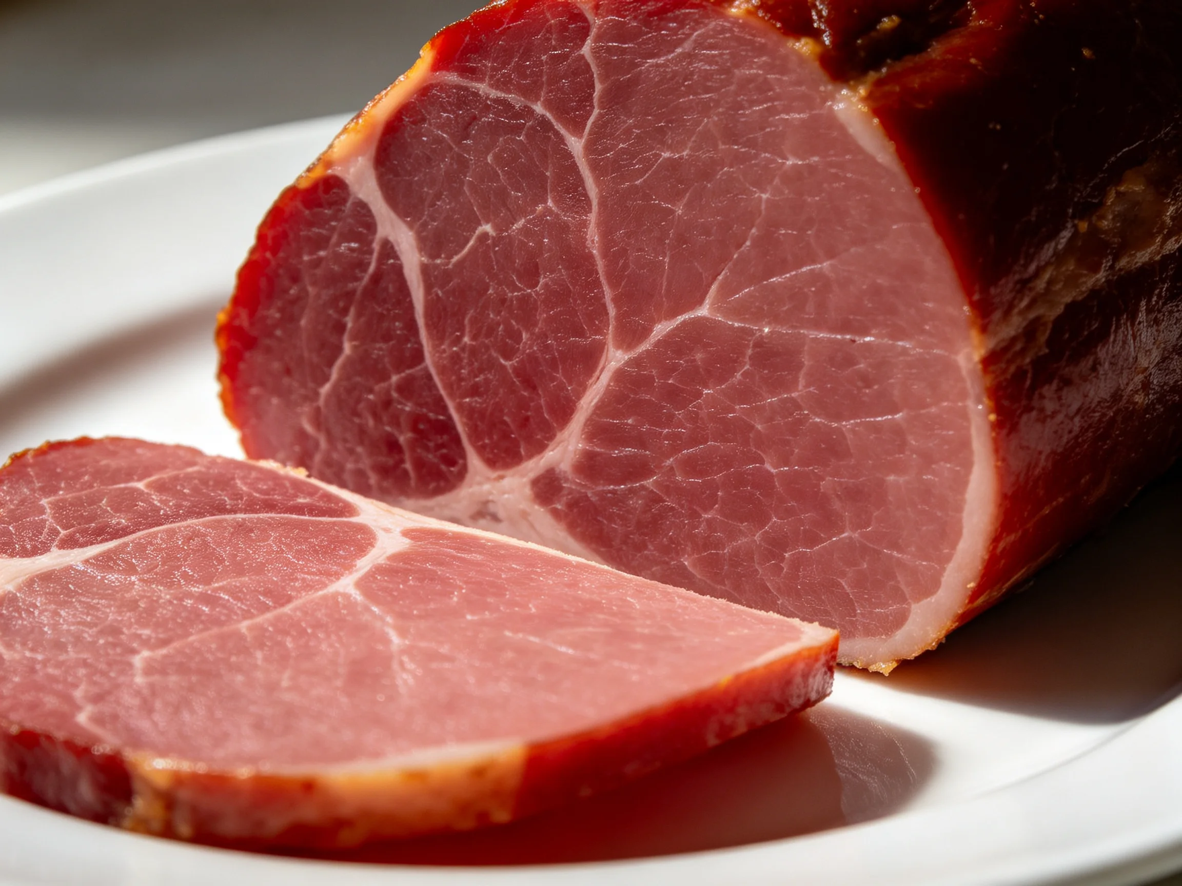 Sliced smoked ham displayed on a white plate