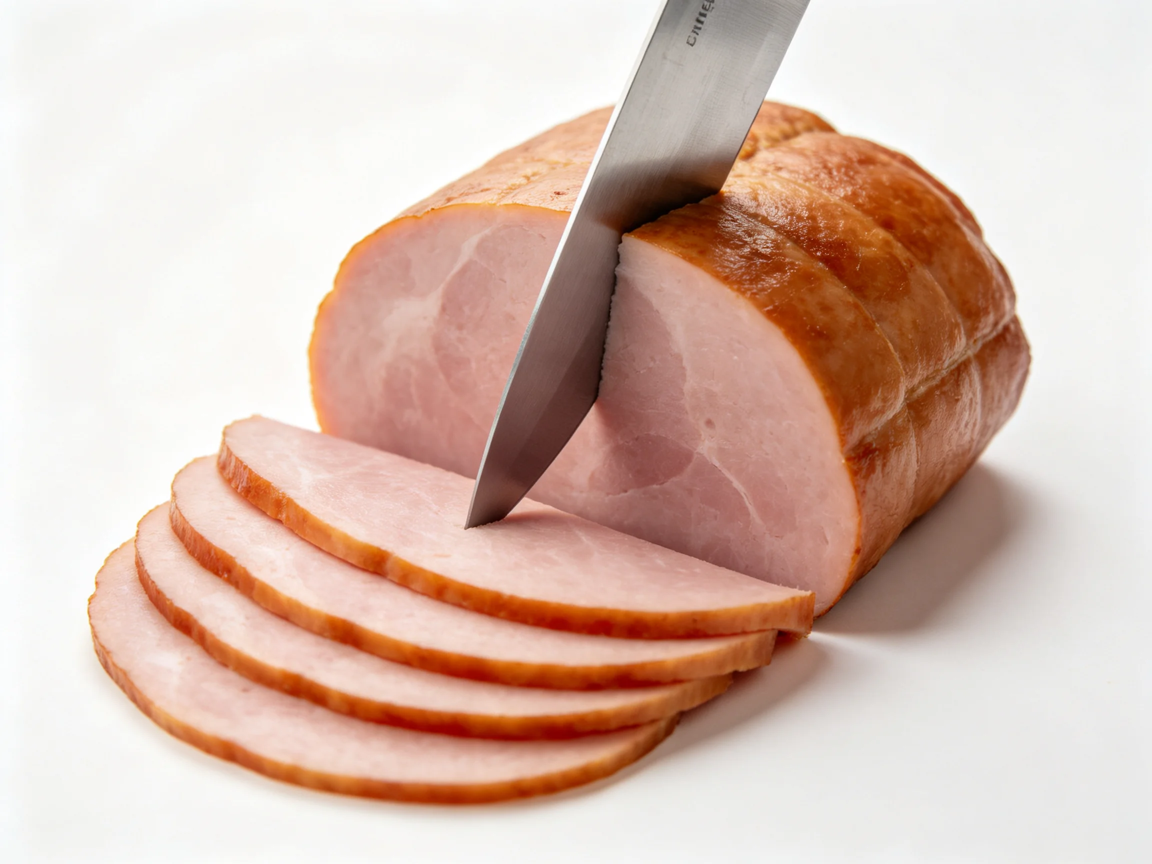Sliced smoked ham with golden-brown crust being cut by a sharp knife