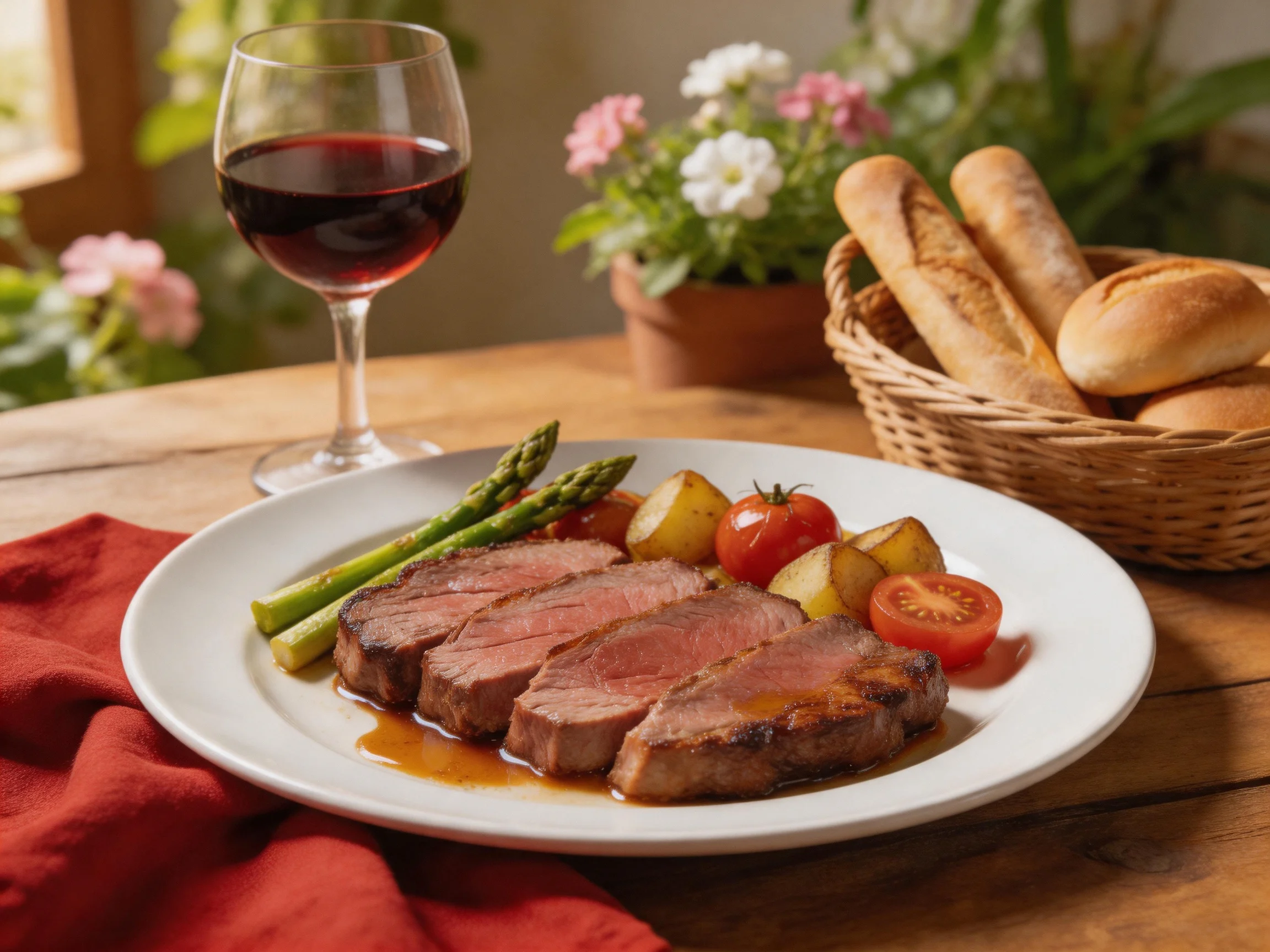 Sliced steak dinner with roasted veggies, baguettes, and red wine