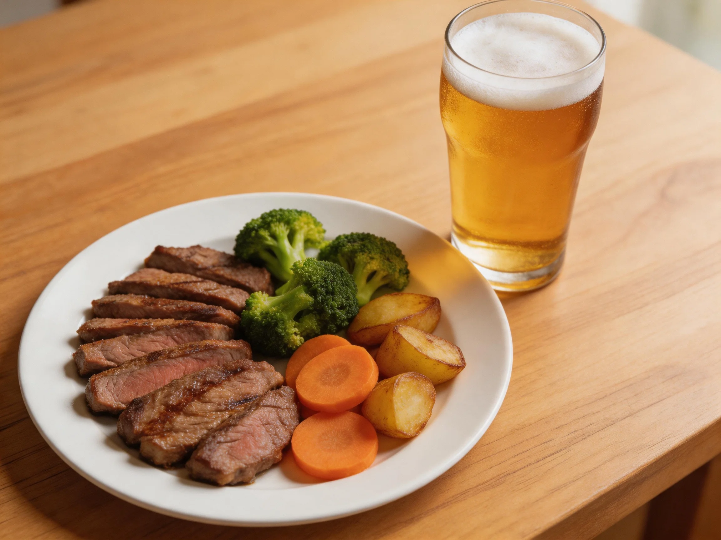 Sliced steak, roasted veggies, and beer on a wooden table