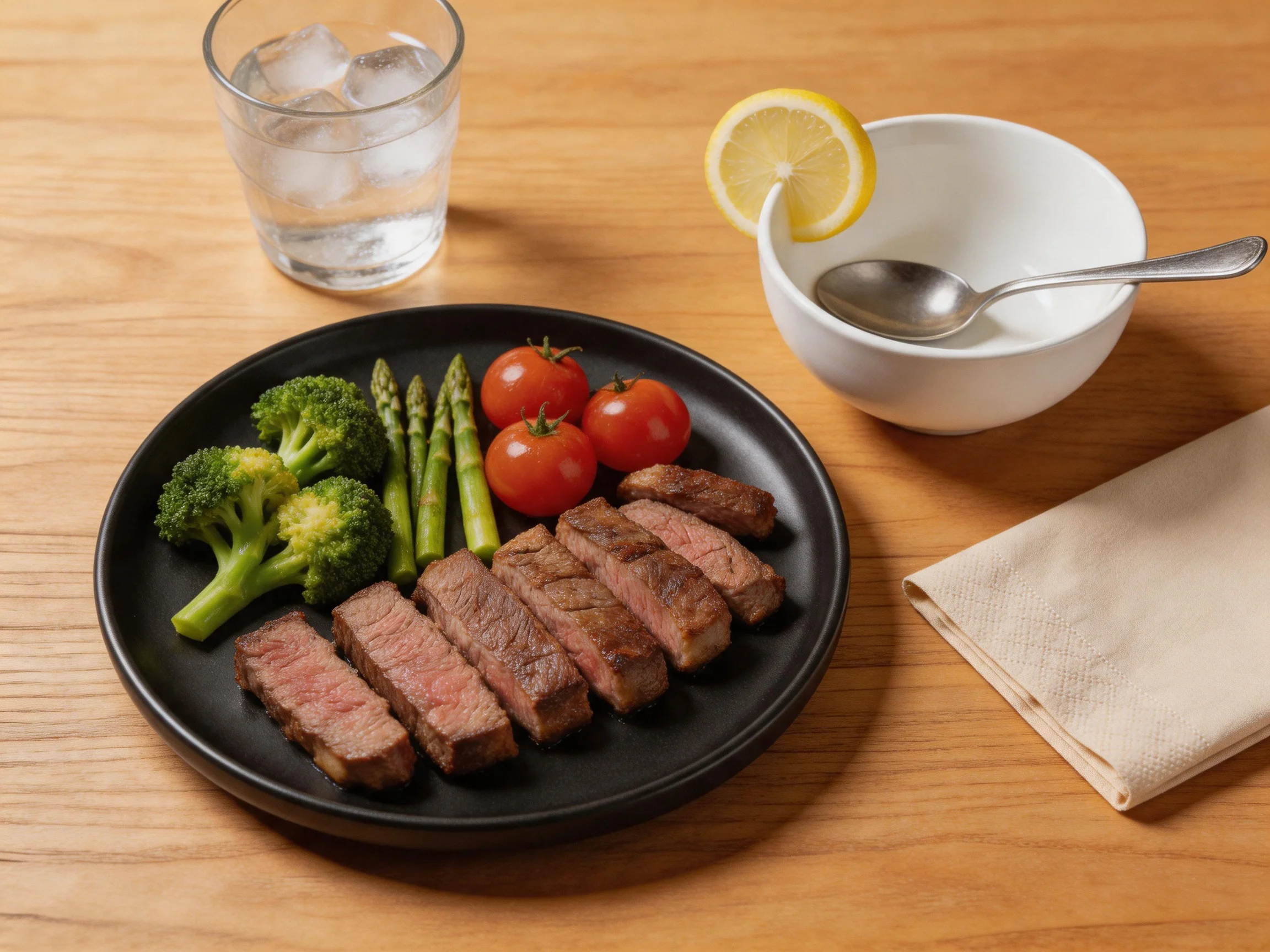 Sliced steak, vegetables, and a cold drink on a wooden table