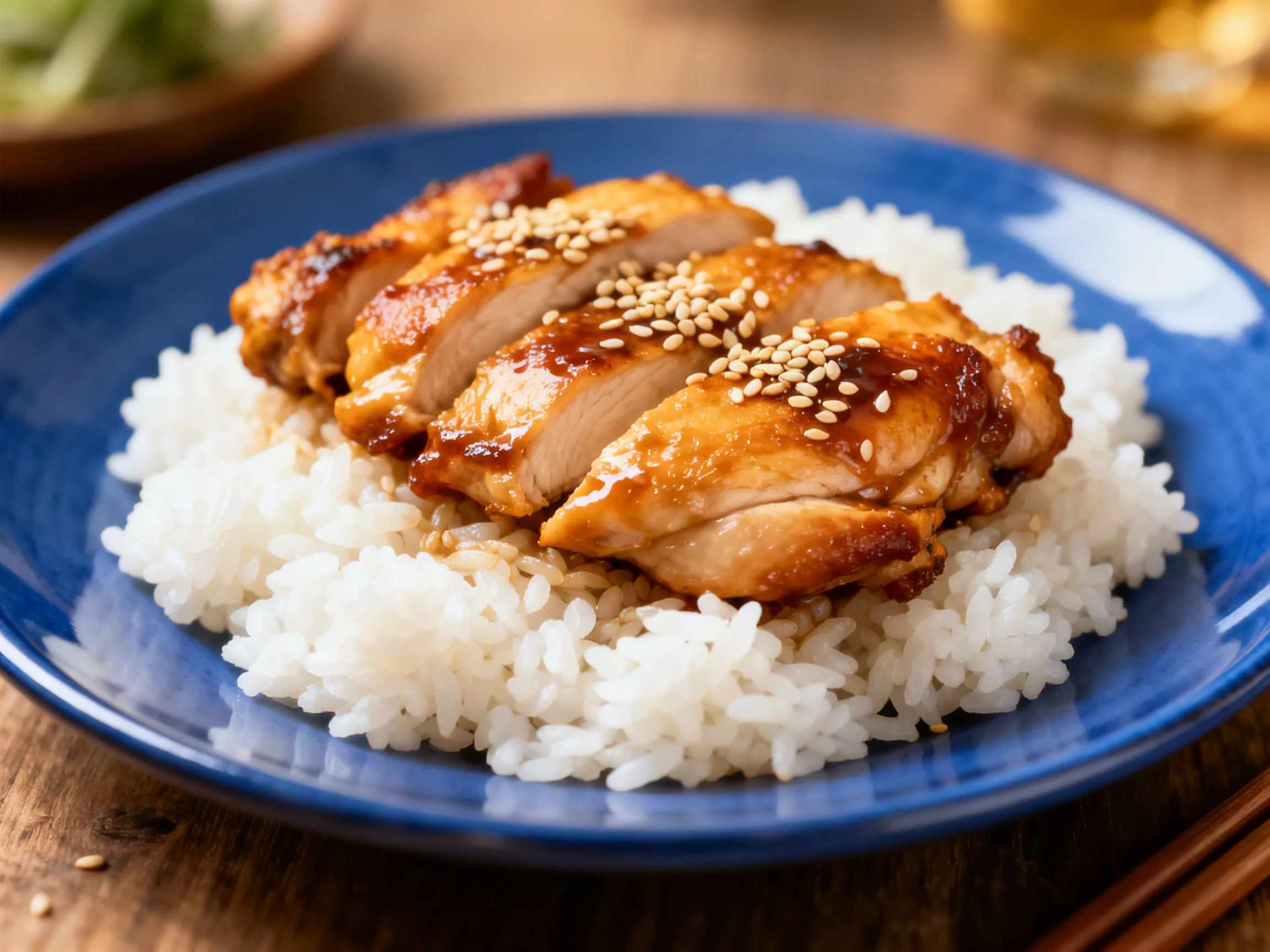 Sliced teriyaki chicken served atop white rice on a blue plate
