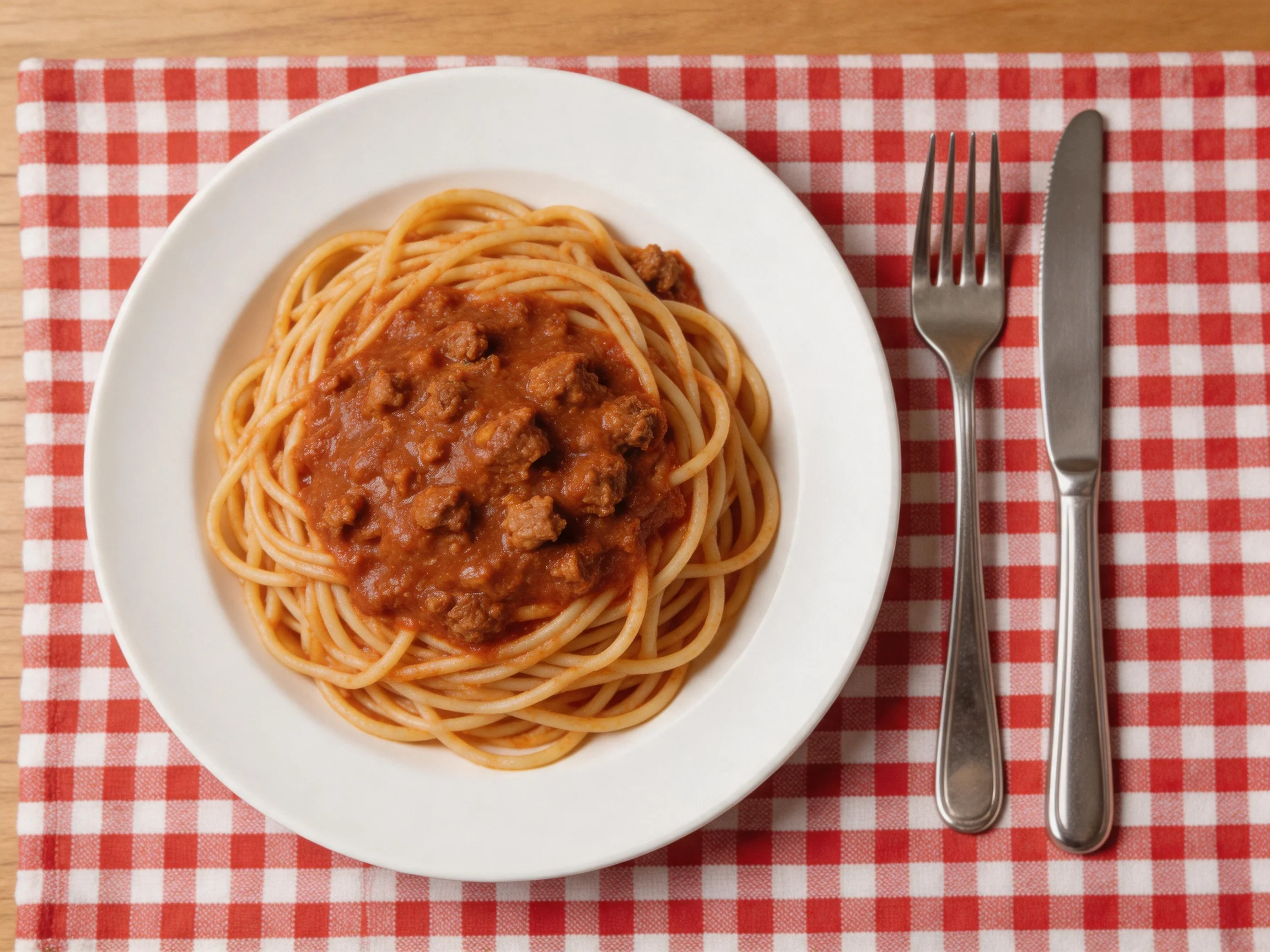 Spaghetti Bolognese served on a white plate over a red-and-white checkered mat