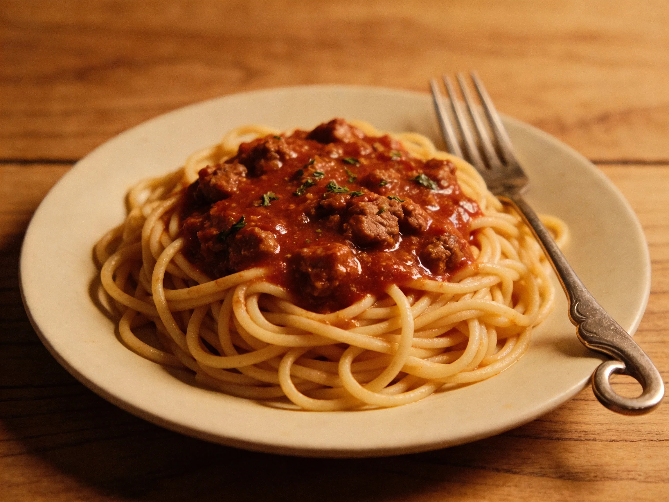Spaghetti Bolognese served on a white plate with a silver fork