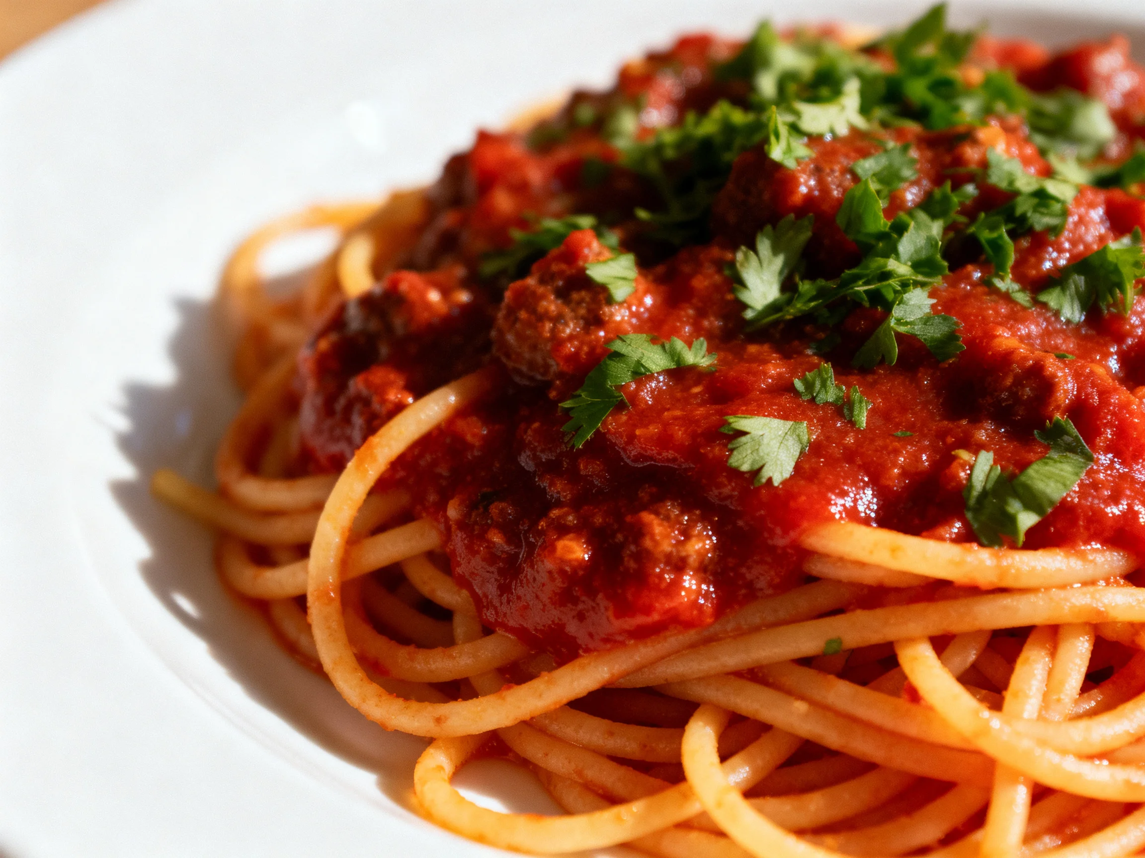 Spaghetti Bolognese topped with fresh parsley