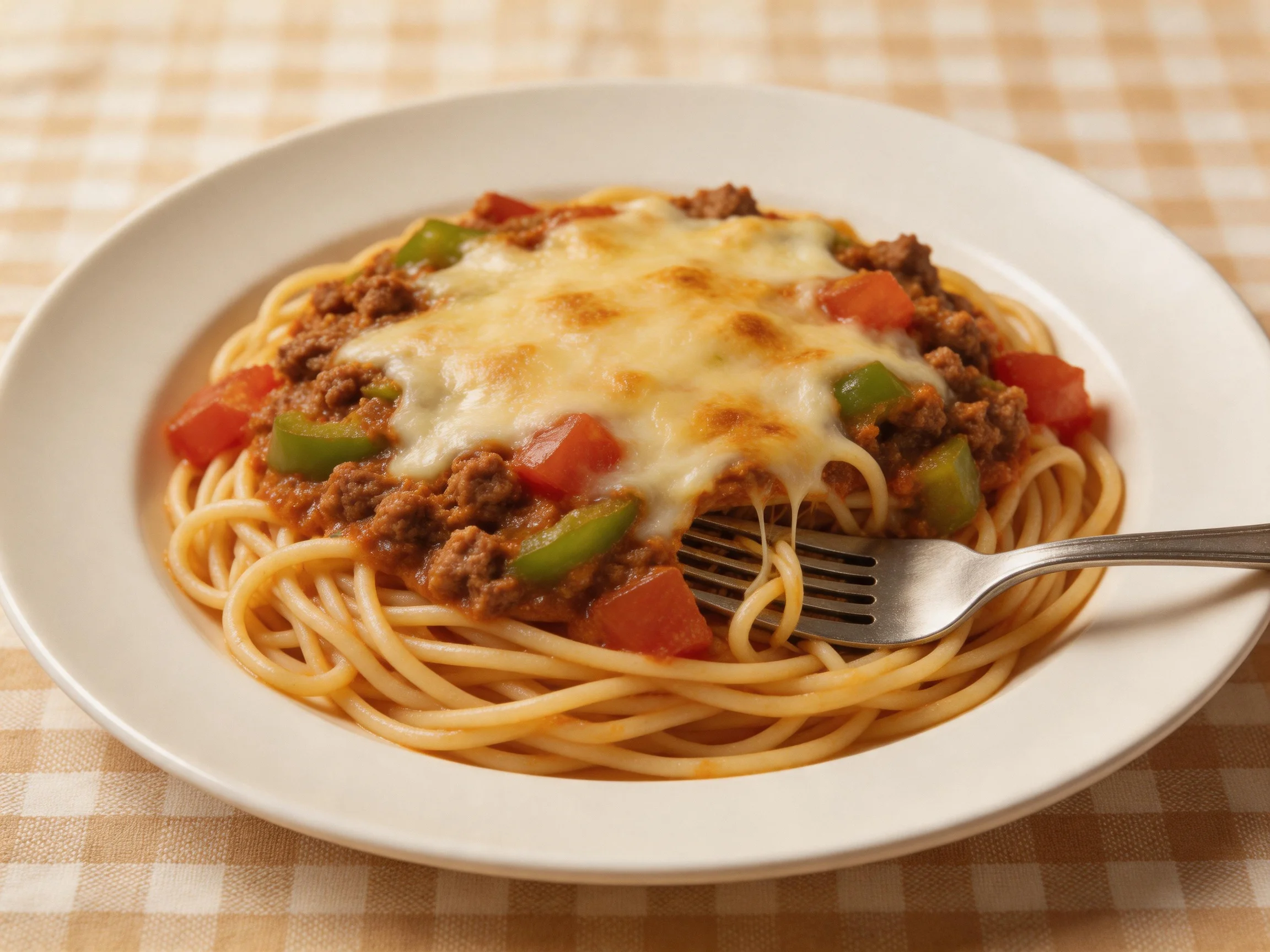 Spaghetti Bolognese topped with melted cheese and mixed vegetables