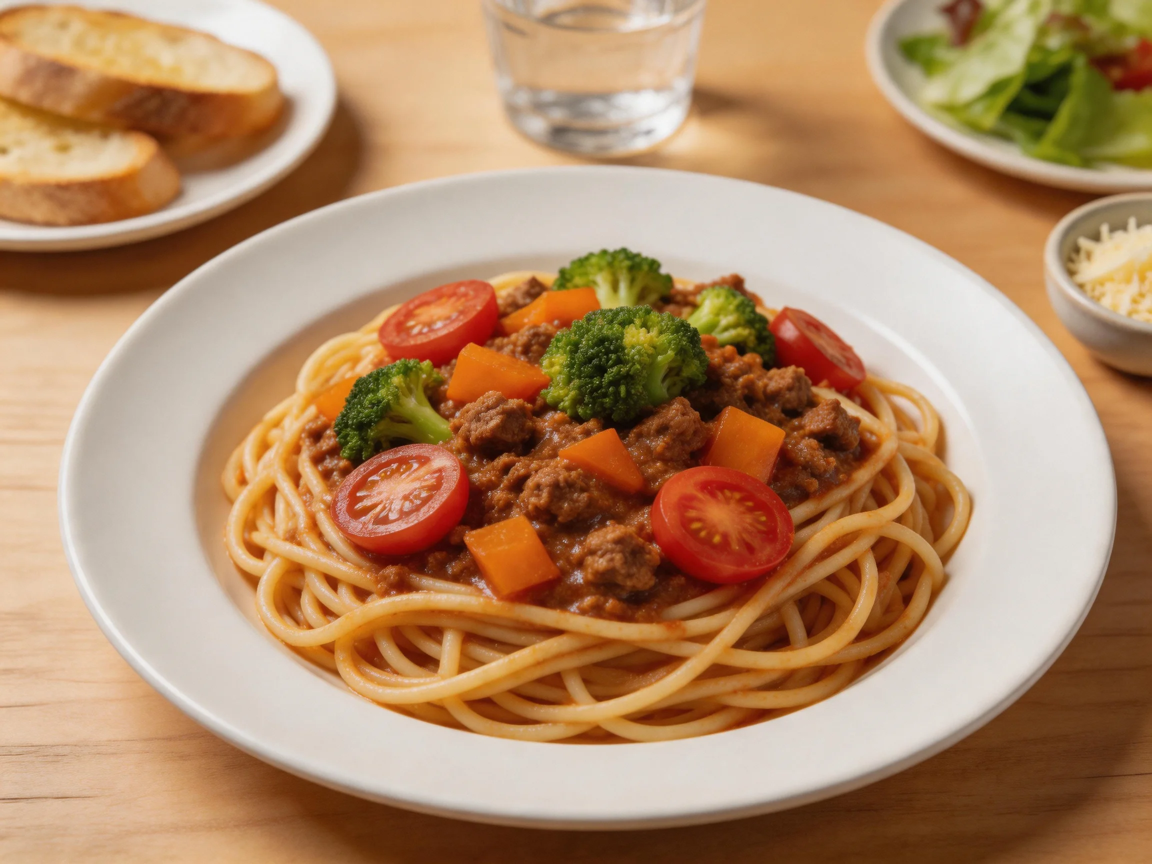 Spaghetti Bolognese with broccoli, cherry tomatoes, and garlic bread nearby