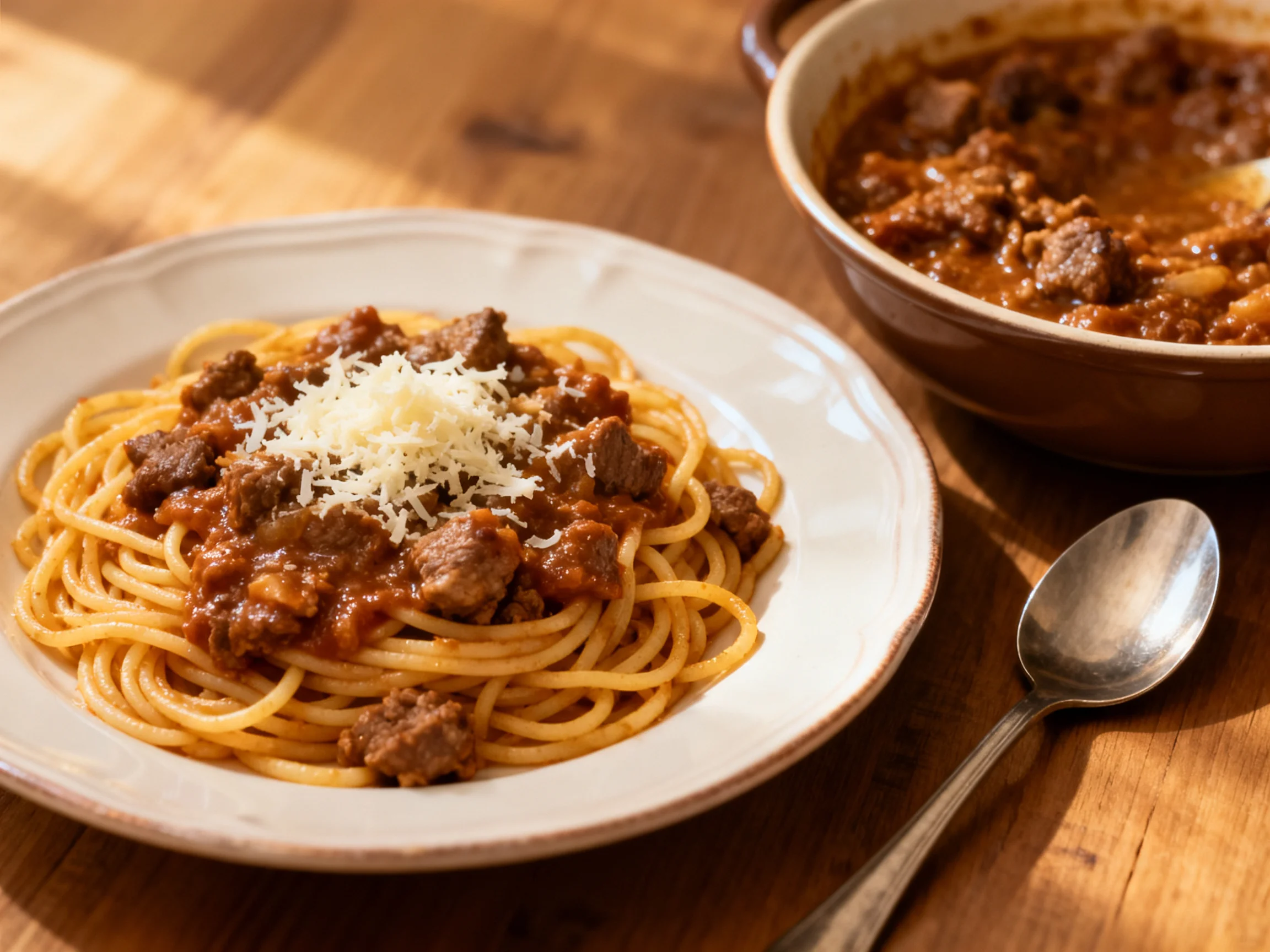 A plate of spaghetti Bolognese with cheese is placed next to a casserole dish.