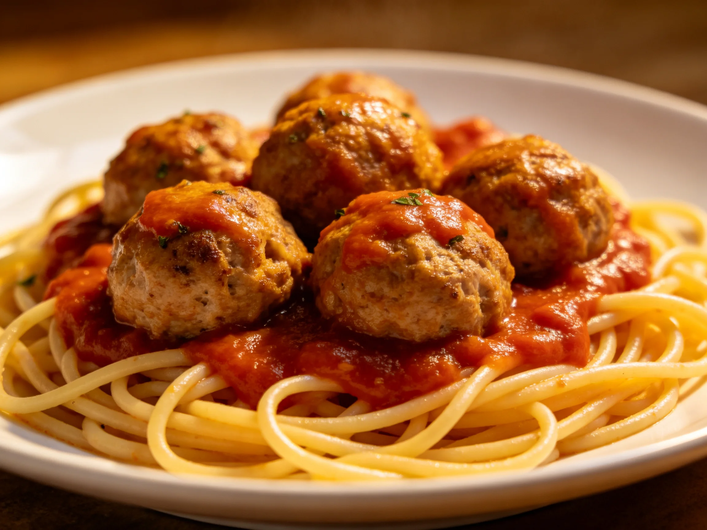 Spaghetti topped with meatballs in rich red tomato sauce
