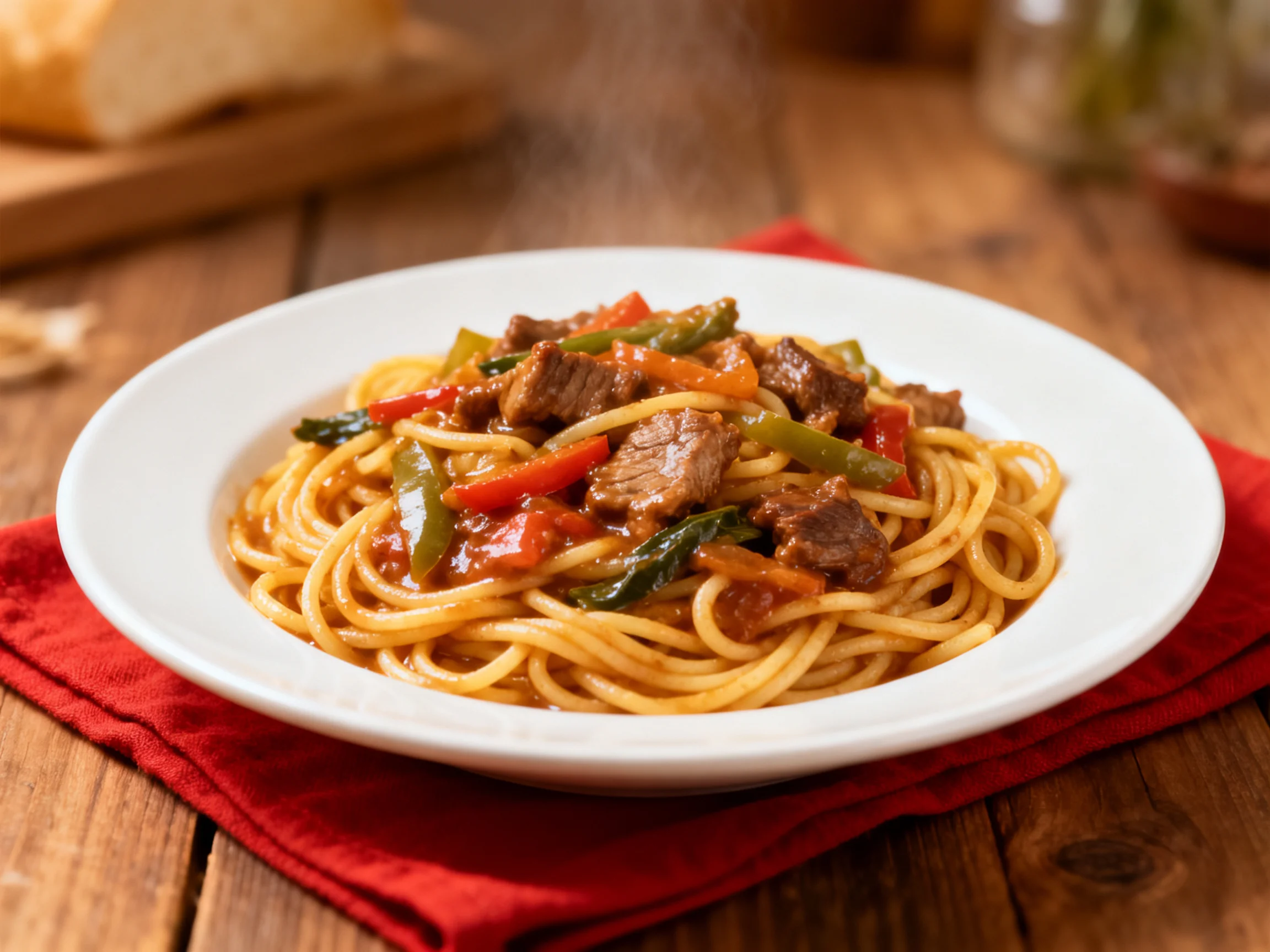 A white plate serves spaghetti topped with beef, peppers, and sauce.