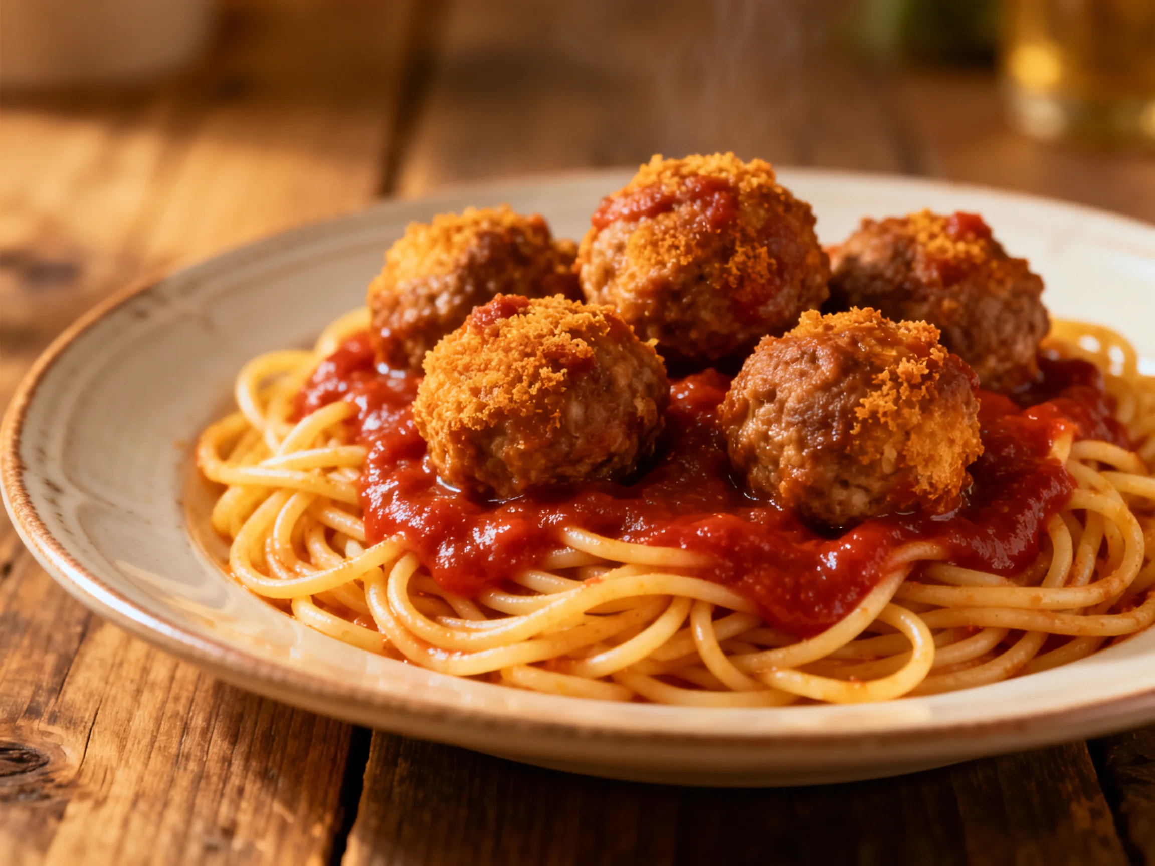 Spaghetti with five breaded meatballs and red sauce on a ceramic plate