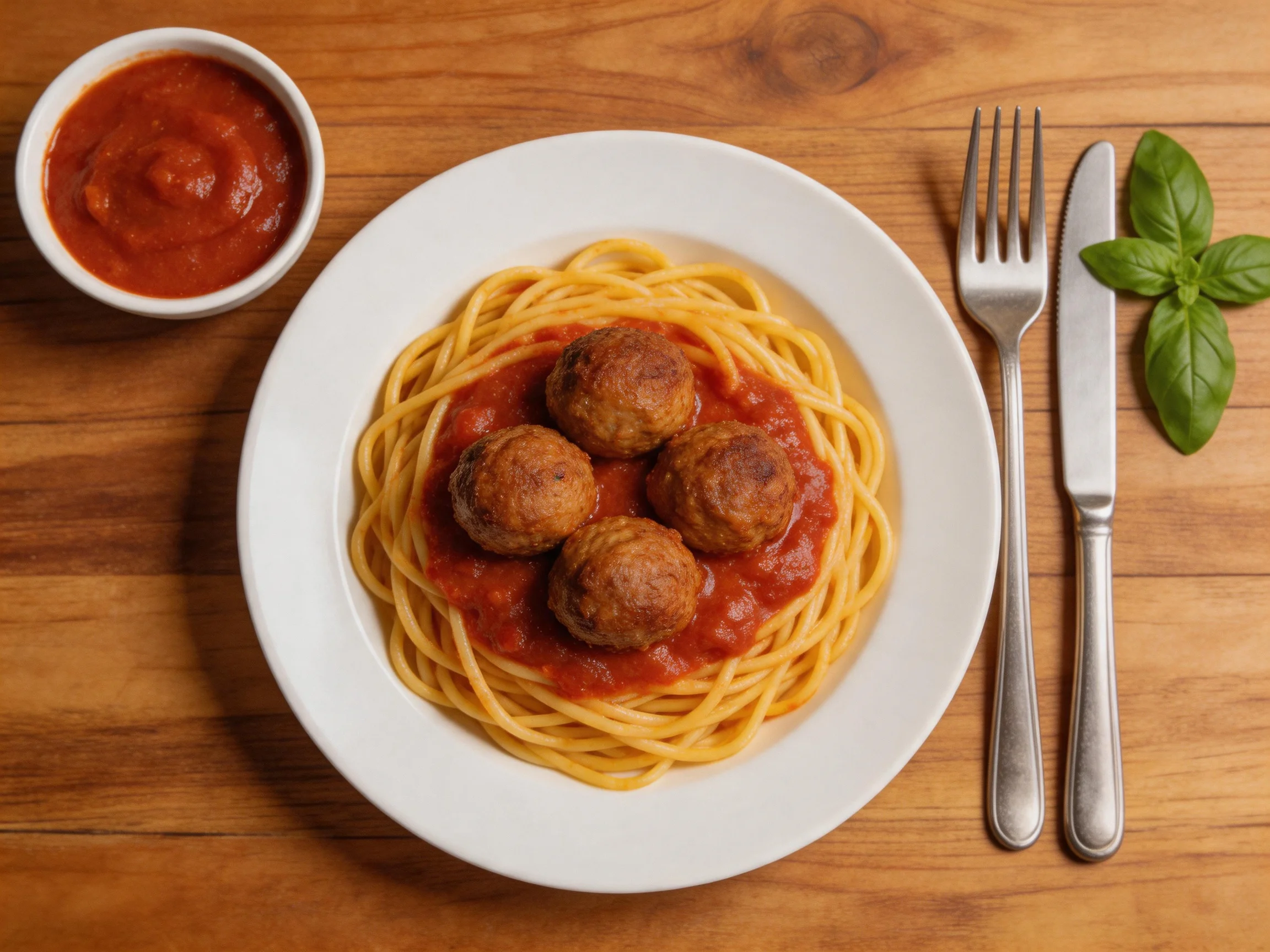 Spaghetti with four meatballs and marinara sauce on a white plate